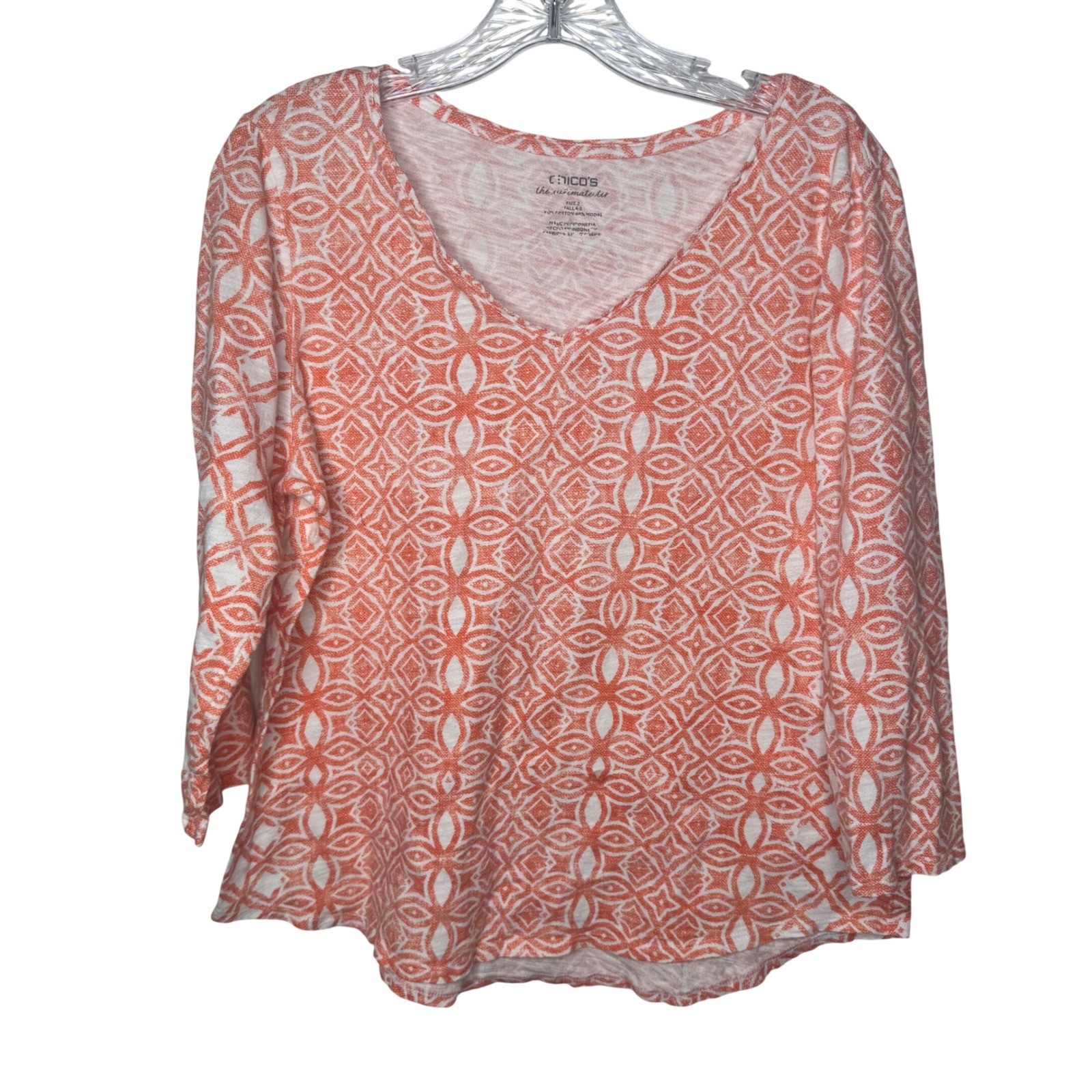 Chicos The Ultimate Tee Womens Orange Geometric Print V Long Sleeve Top 2(L)