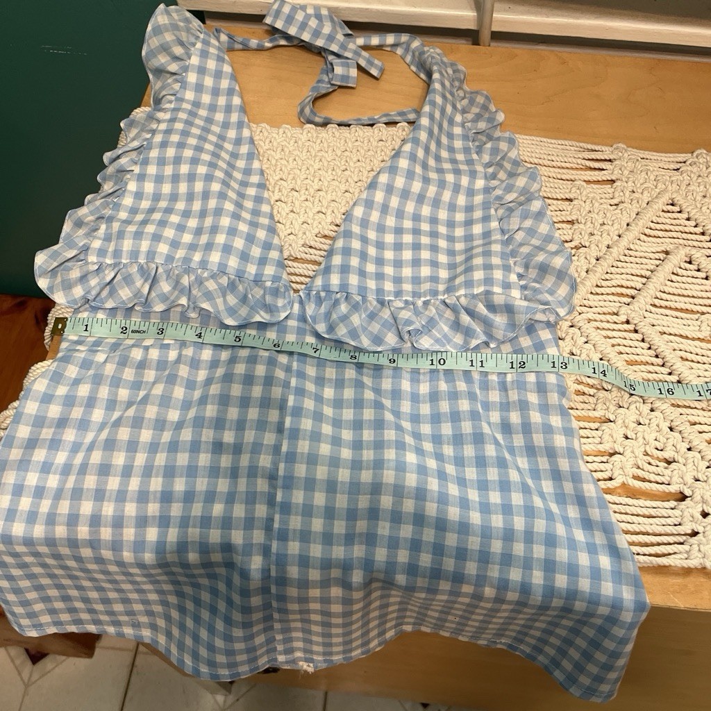 American Vintage Blue/White Gingham Ruffle Halter V-Neck Sleeveless Top S