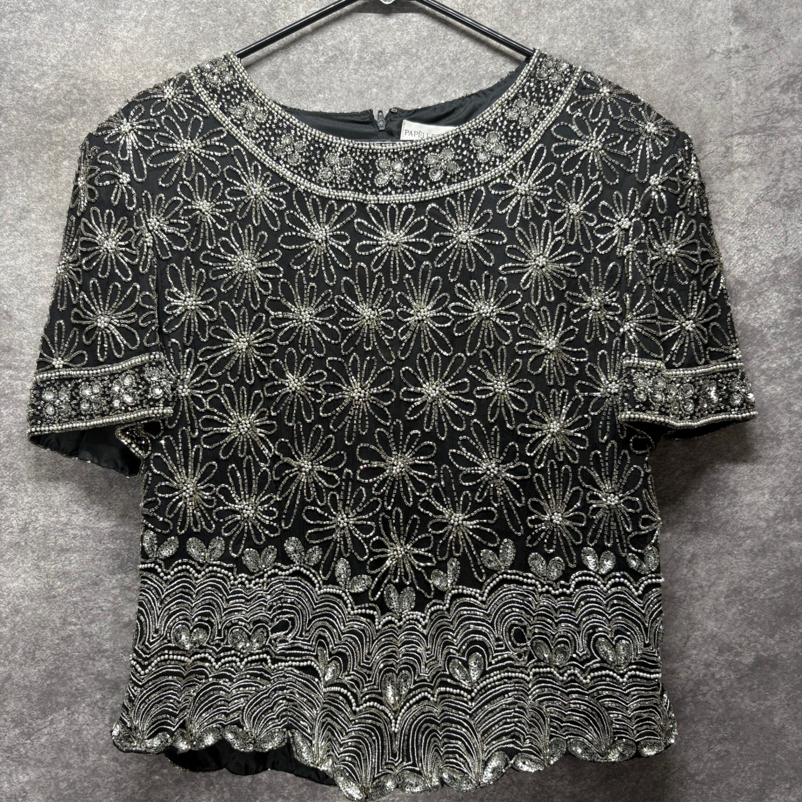 Papell Boutique Evening Vintage 90s Silk Beaded Top Size XL Black Silver Floral