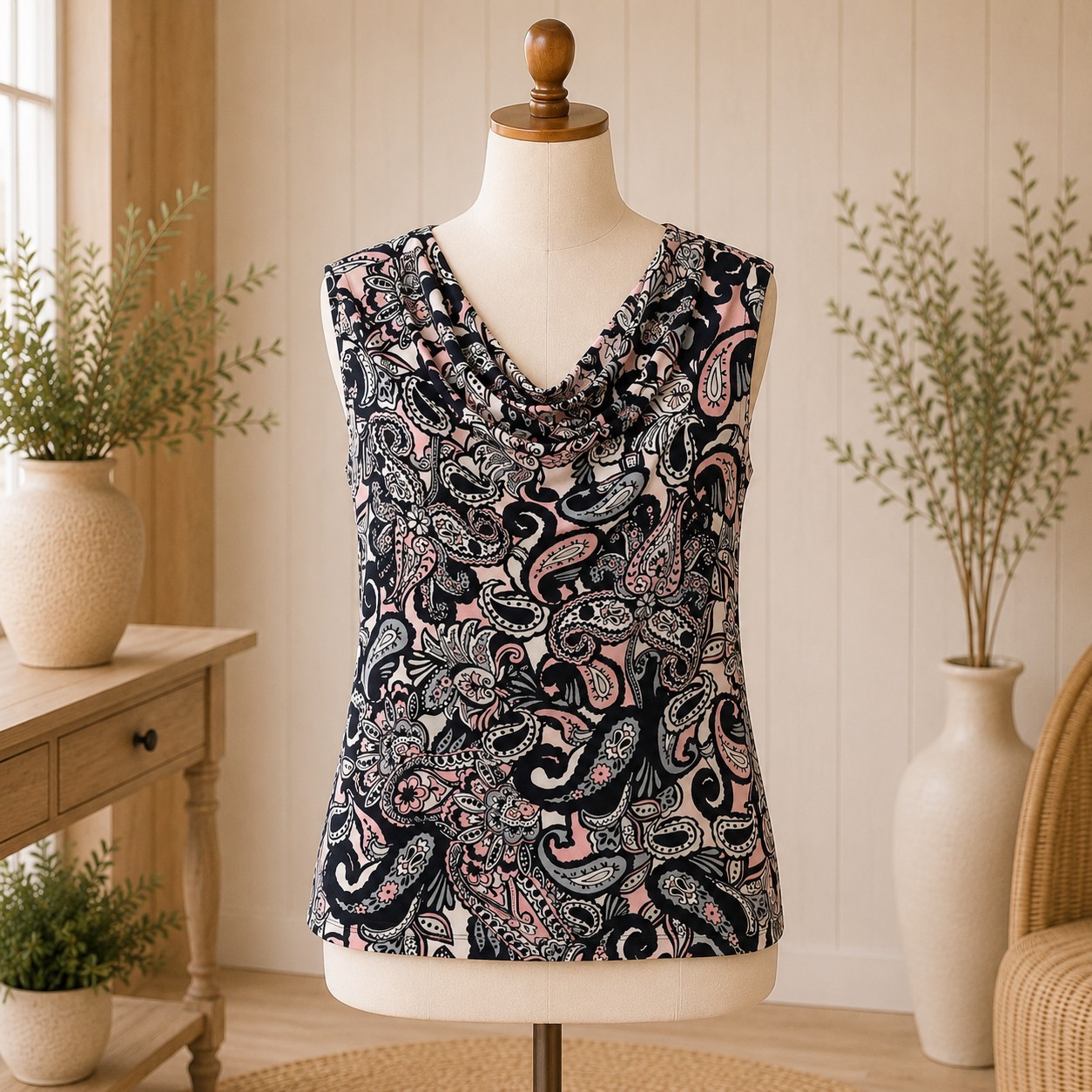 Evan Picone Black Label Sleeveless Black Pink Gray Liquid Knit Top Drape Neck L
