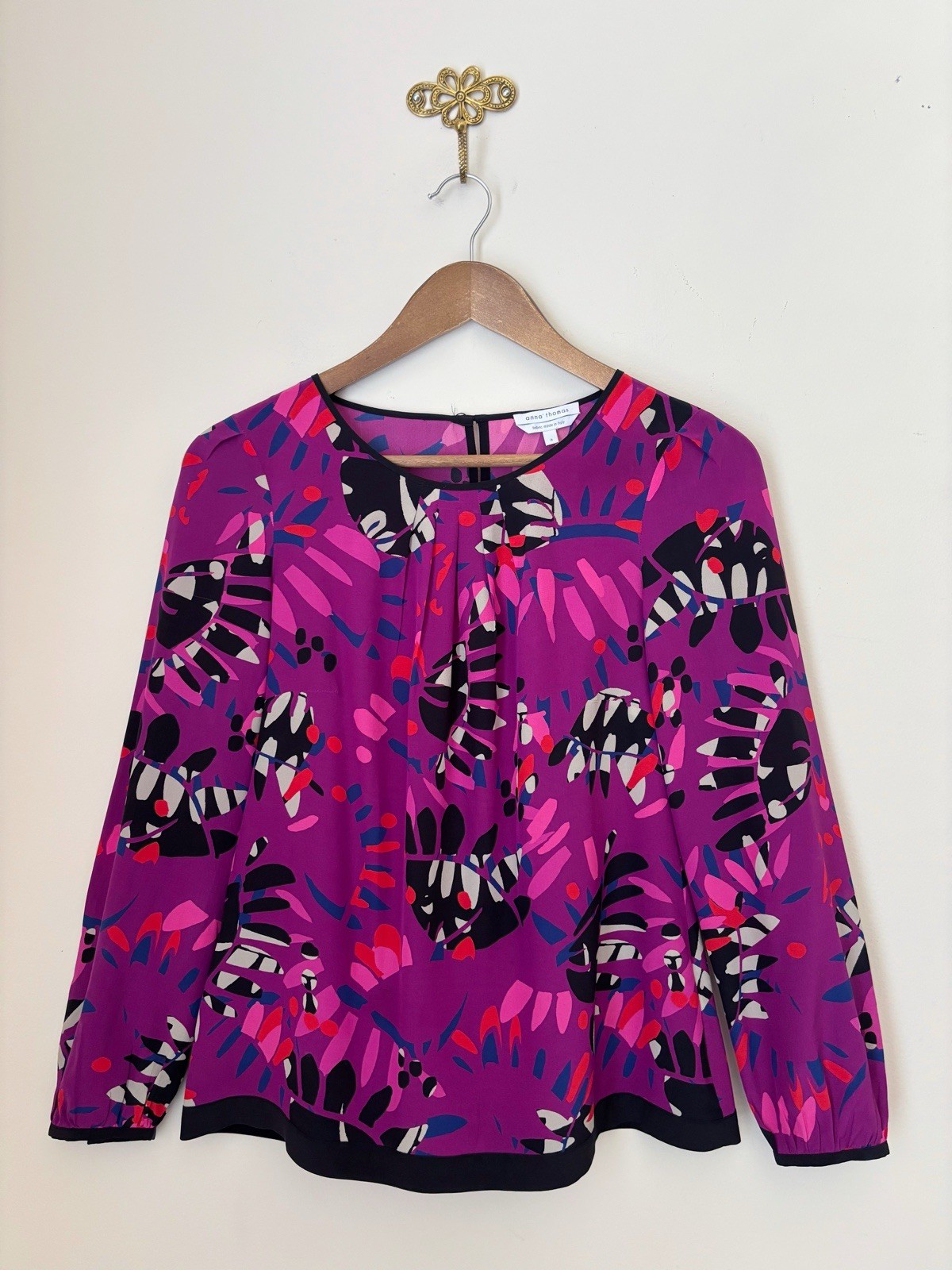 Anna Thomas Vibrant Purple Geometric Print Italian Silk Blouse Sz 8 Maximalist