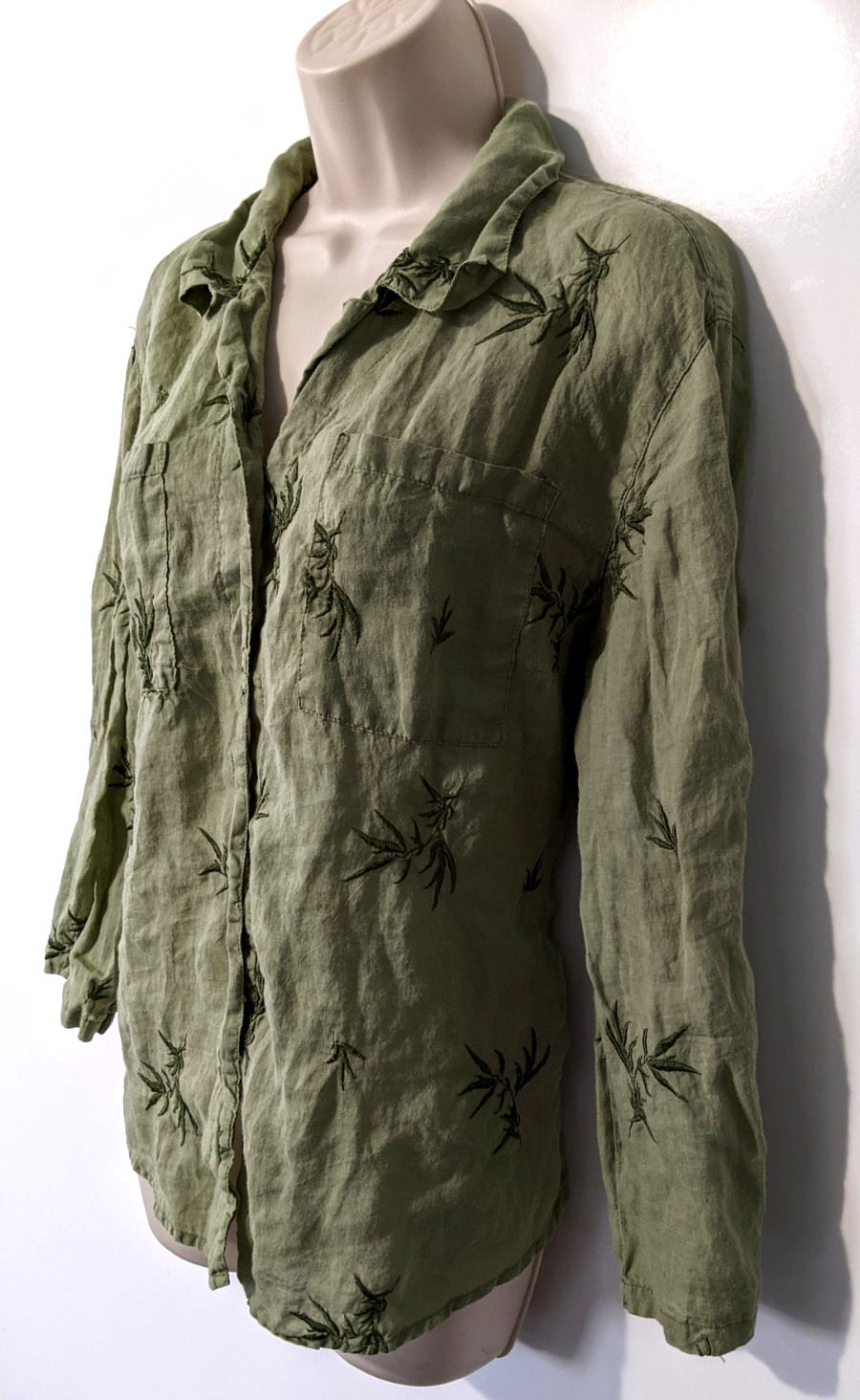 Kleen Women’s Long Sleeve Button Front Shirt Sz L 100% Linen Plants Green EUC