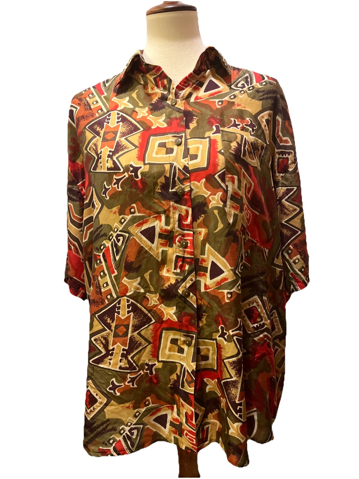 100% Silk Camp Shirt Y2K Large Button Up Gold Geometric Oversized Vintage