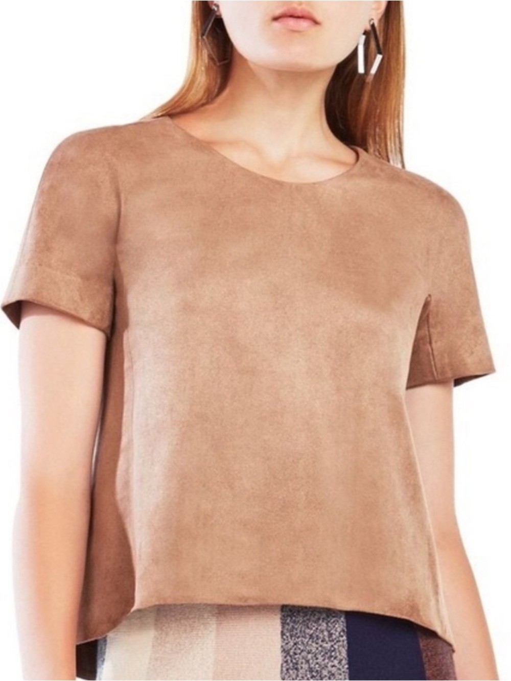 BCBG Maria Faux Suede Short Sleeve Top in Tan S NWOT
