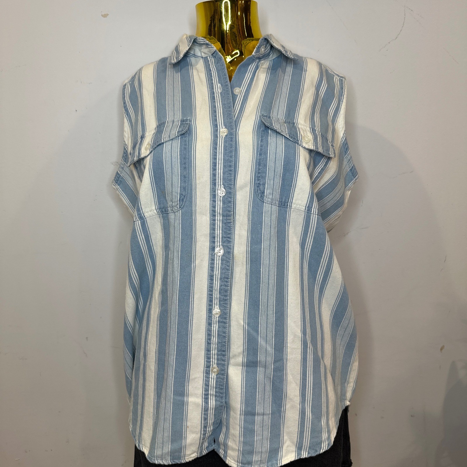 Vintage 90s Nautical Preppy White Striped Sleeveless Button Down Shirt Small