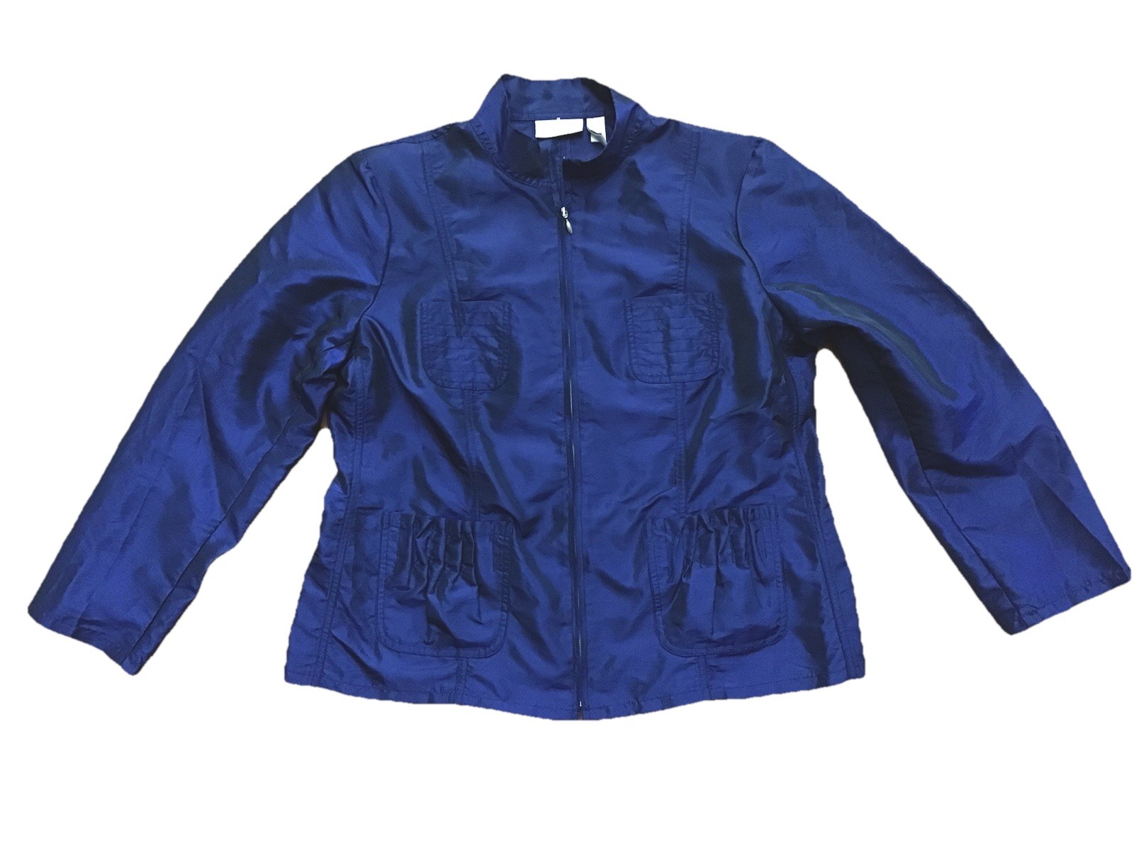 Chico’s Full Zip Up Blouse Size 2 Metallic Blue 4 Pockets Polyester Nylon