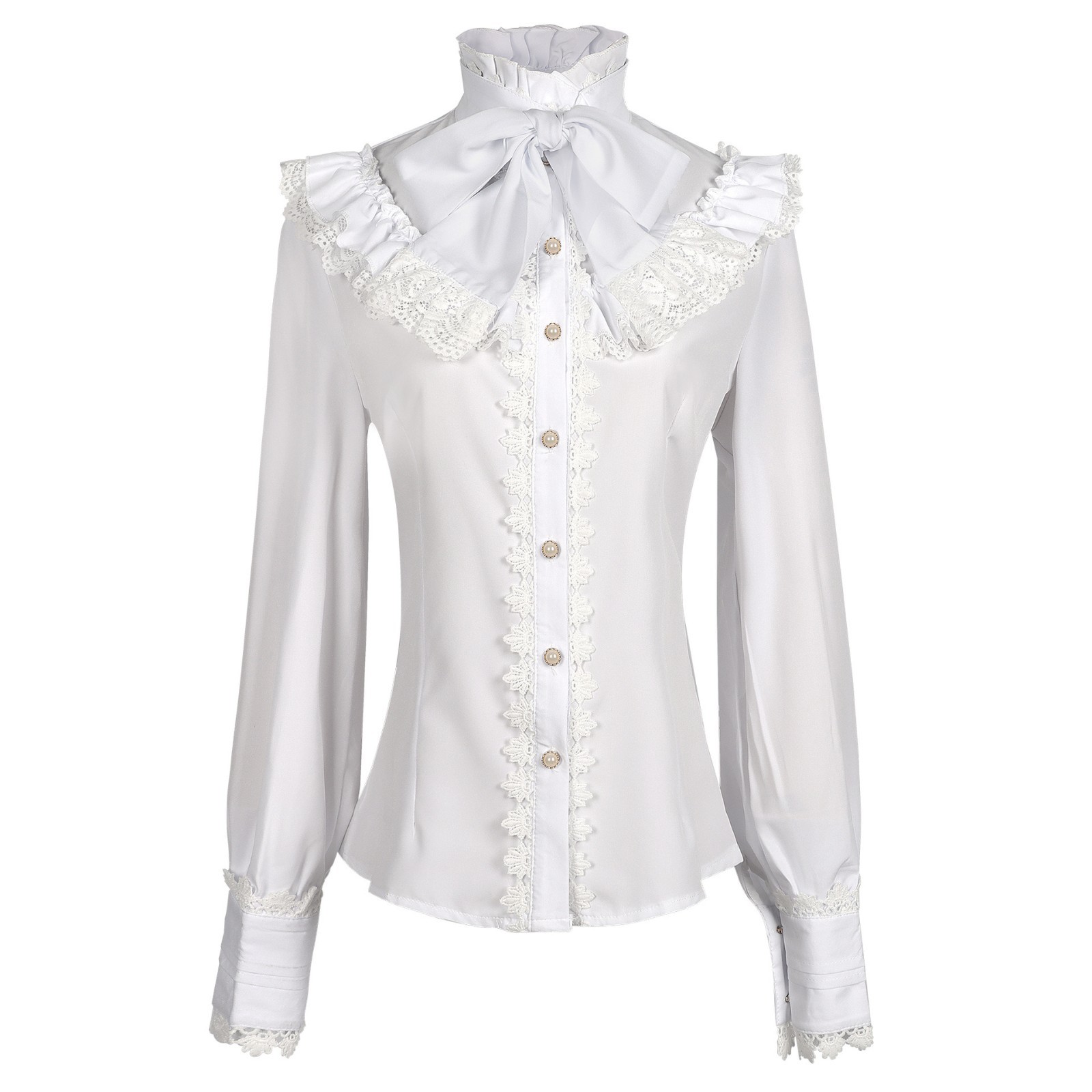 Women Shirt Lace Bow Long Sleeve Top Female Retro Party Blouse