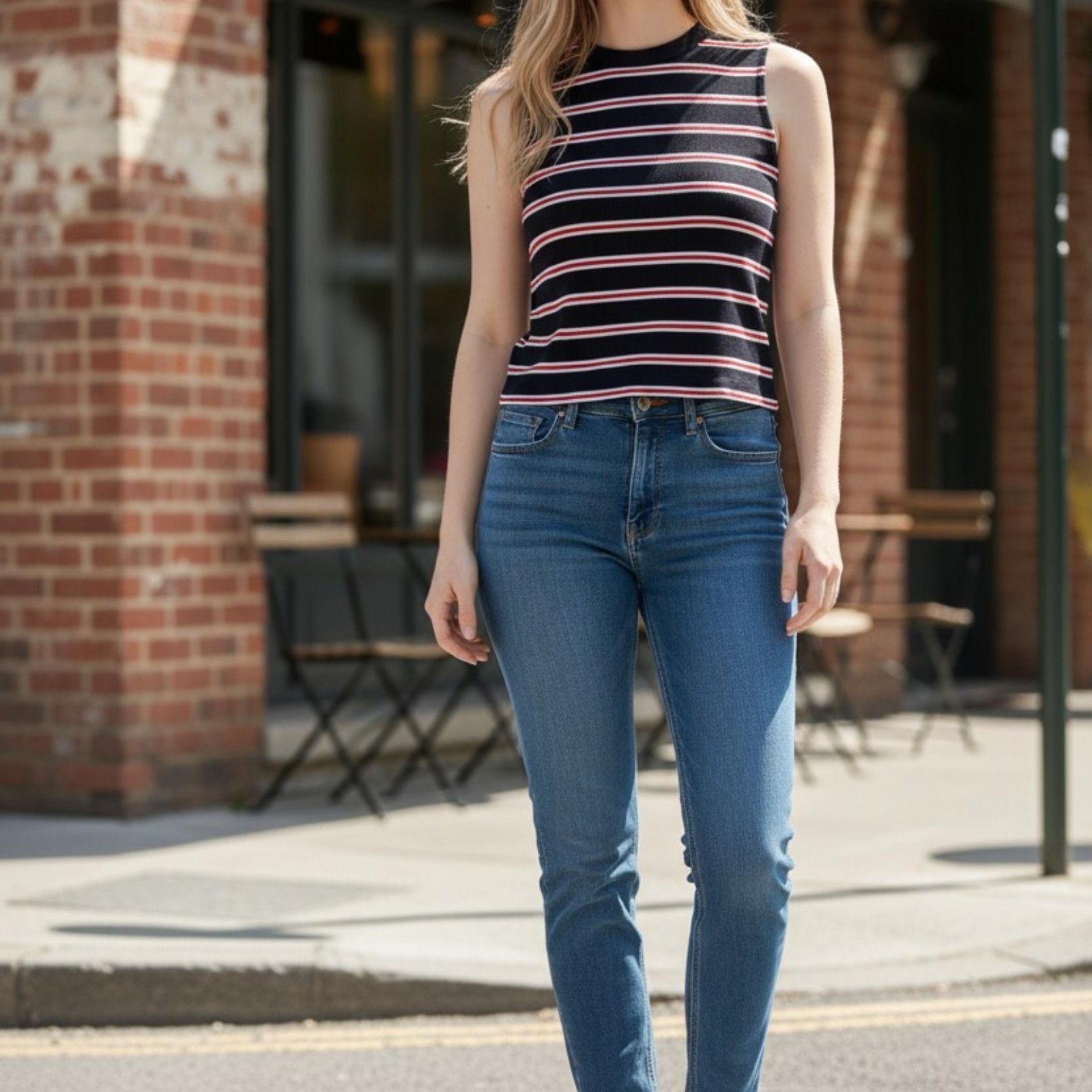 Potter’s Pot Sleeveless Top Womens Small 2-6 Navy Blue Red White Striped Blouse