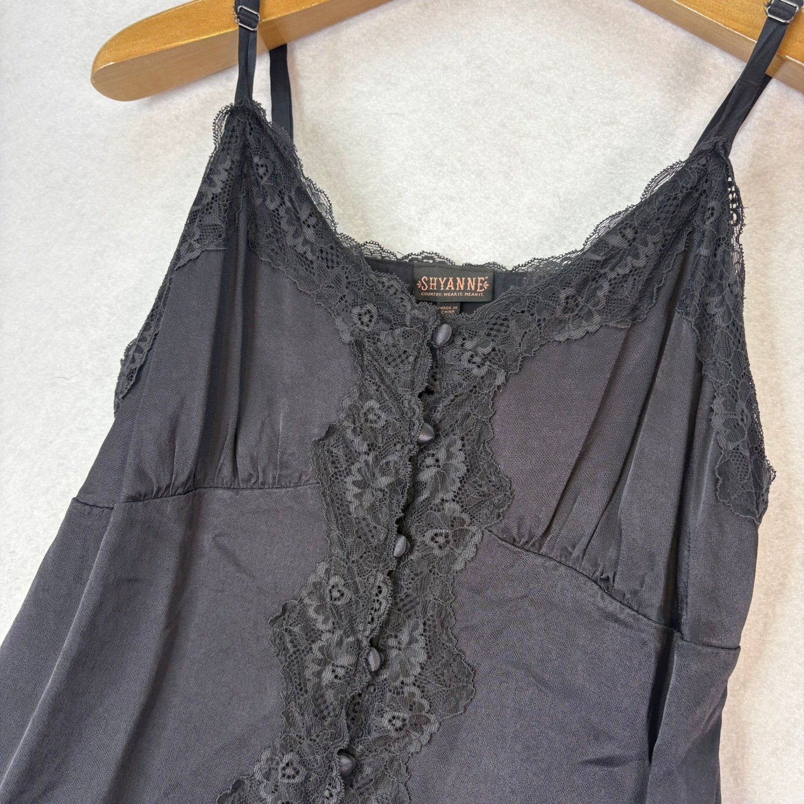 Shyanne Black Lace Trim Satin Button Front Cami Women L Coquette Boho Western