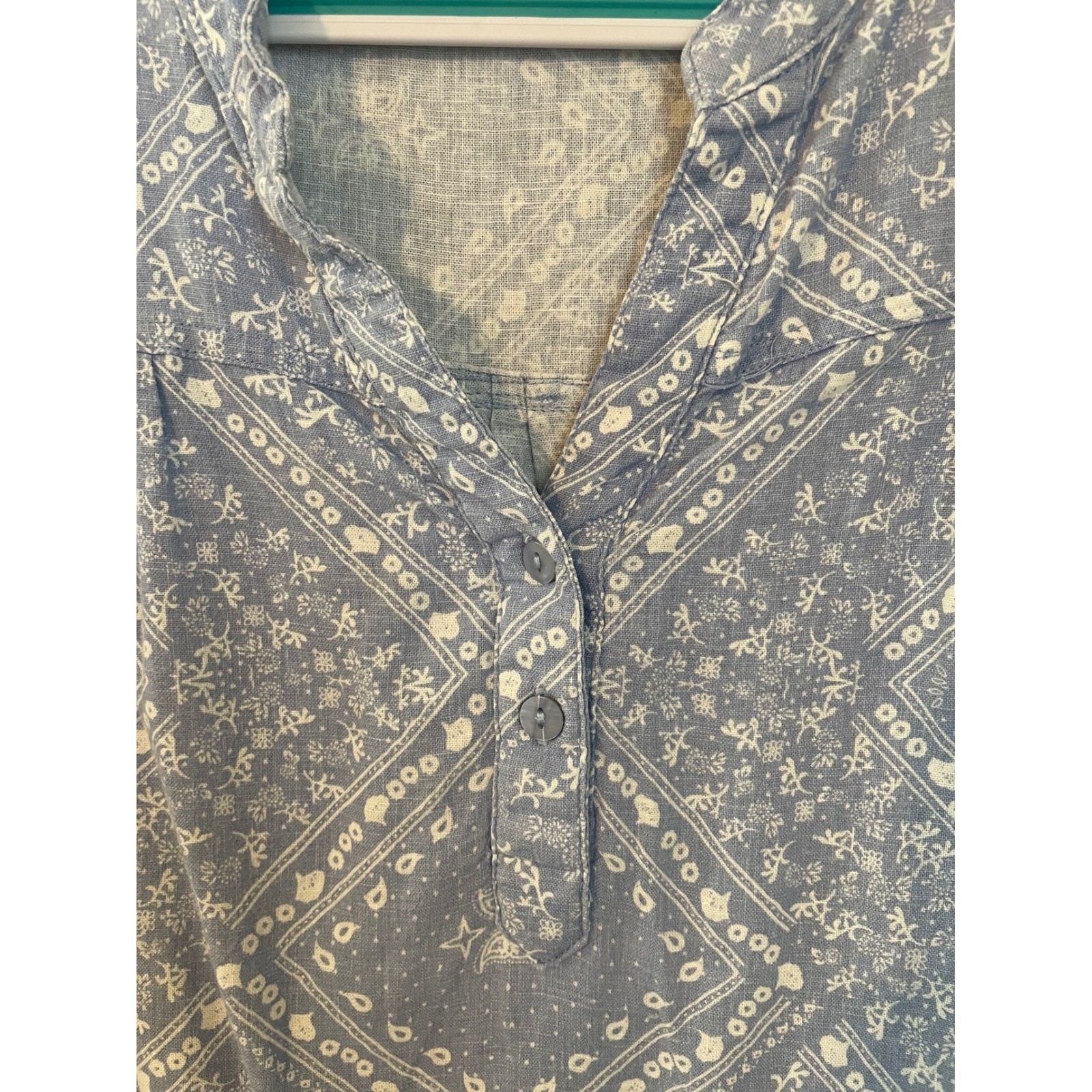 Anne Carson Blue Bandana Print Linen Blend Tunic Blouse Size 1X Western Boho