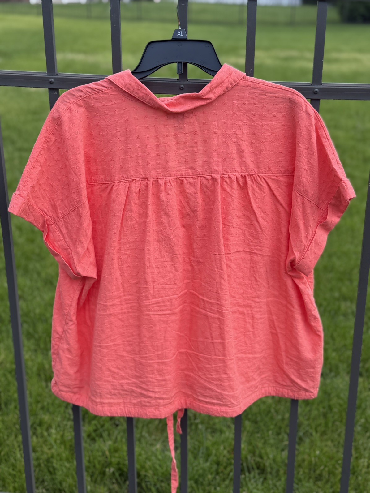Falls Creek Short Sleeve Button Down Drawstring Blouse, Orange, XL