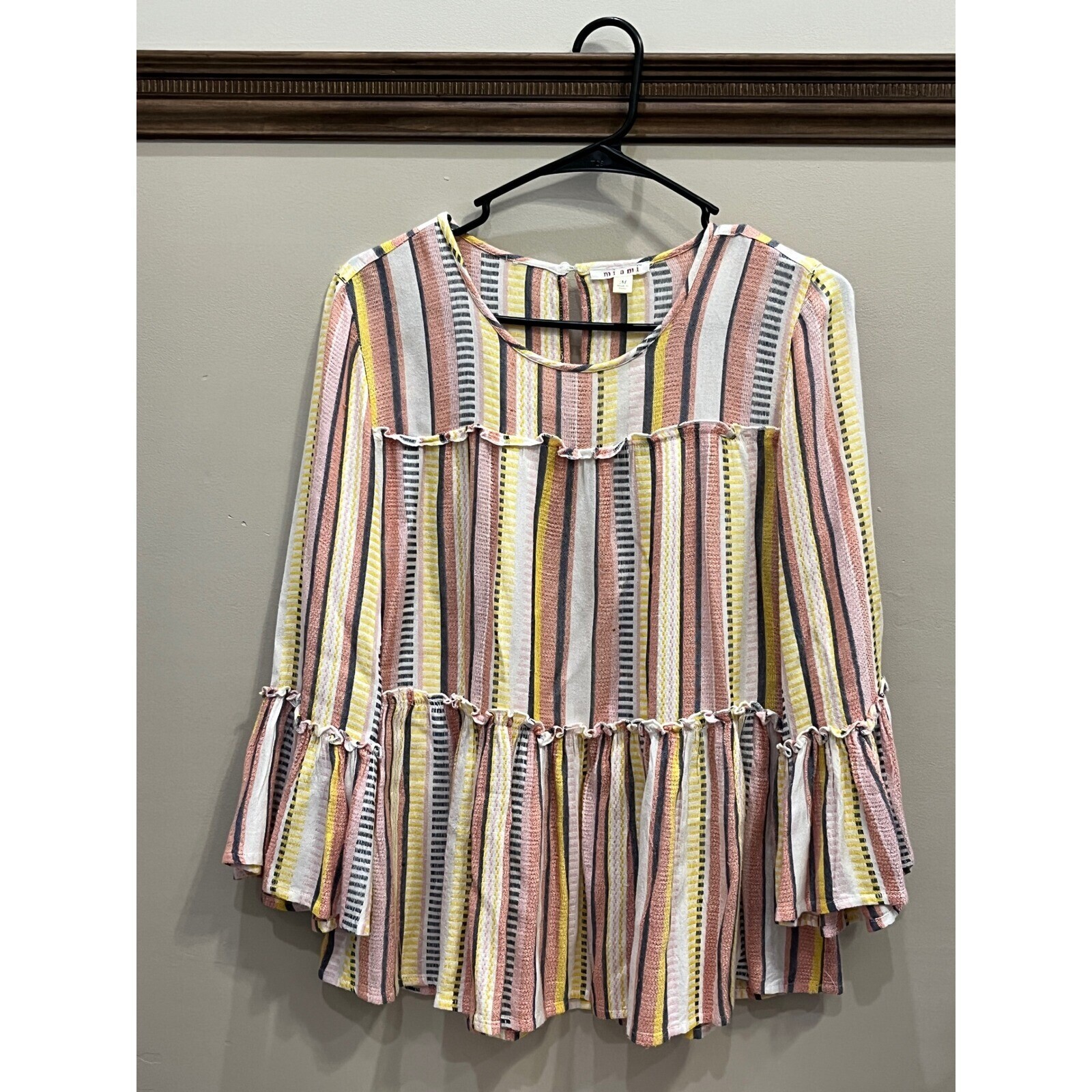 Mi ami Striped Tier Ruffle Trim 3/4 Sleeve Blouse Beach Y2K Boho Cottage Medium