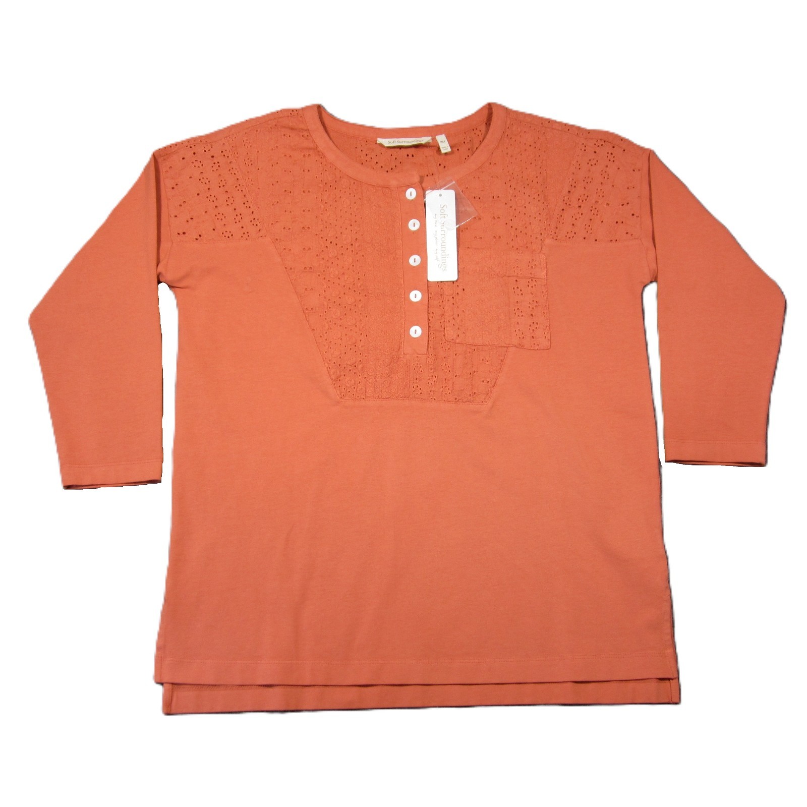 Soft Surroundings Tunic Shirt PXS Deep Sea Coral Henley Eyelet Coastal Boho NEW
