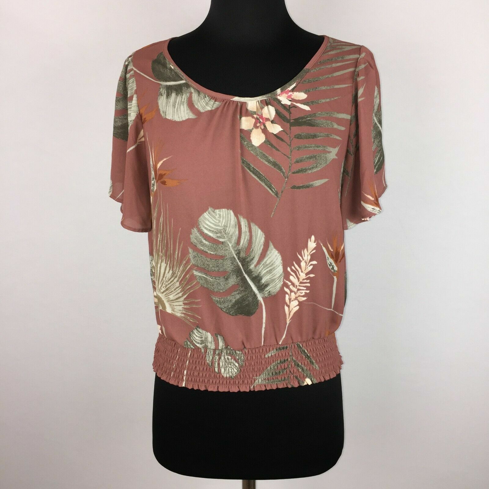 Sienna Sky Womens S Floral Leaf Blouse Keyhole Back Elasticized Bottom