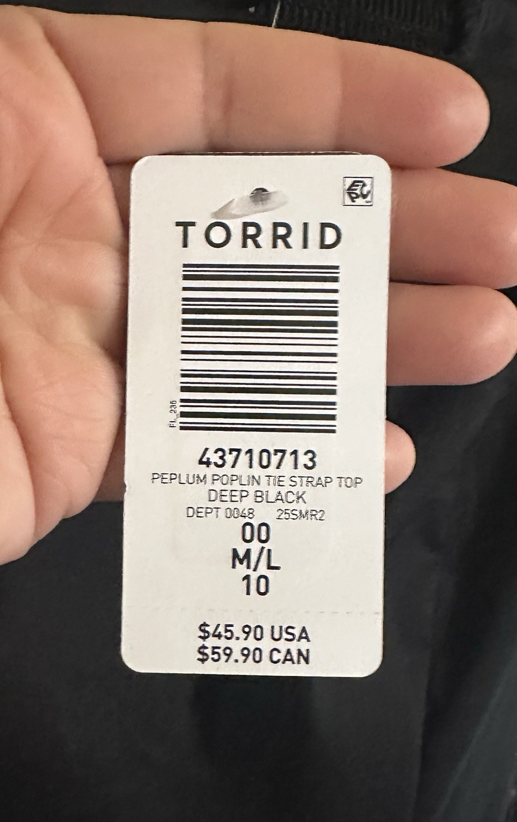 NWT Torrid Peplum Poplin Tie Strap Top Size 00 M/L 10 Black