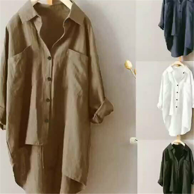 Blouse Ladies Long T Shirt Womens Linen Blouse Cotton Button Tops Dresses
