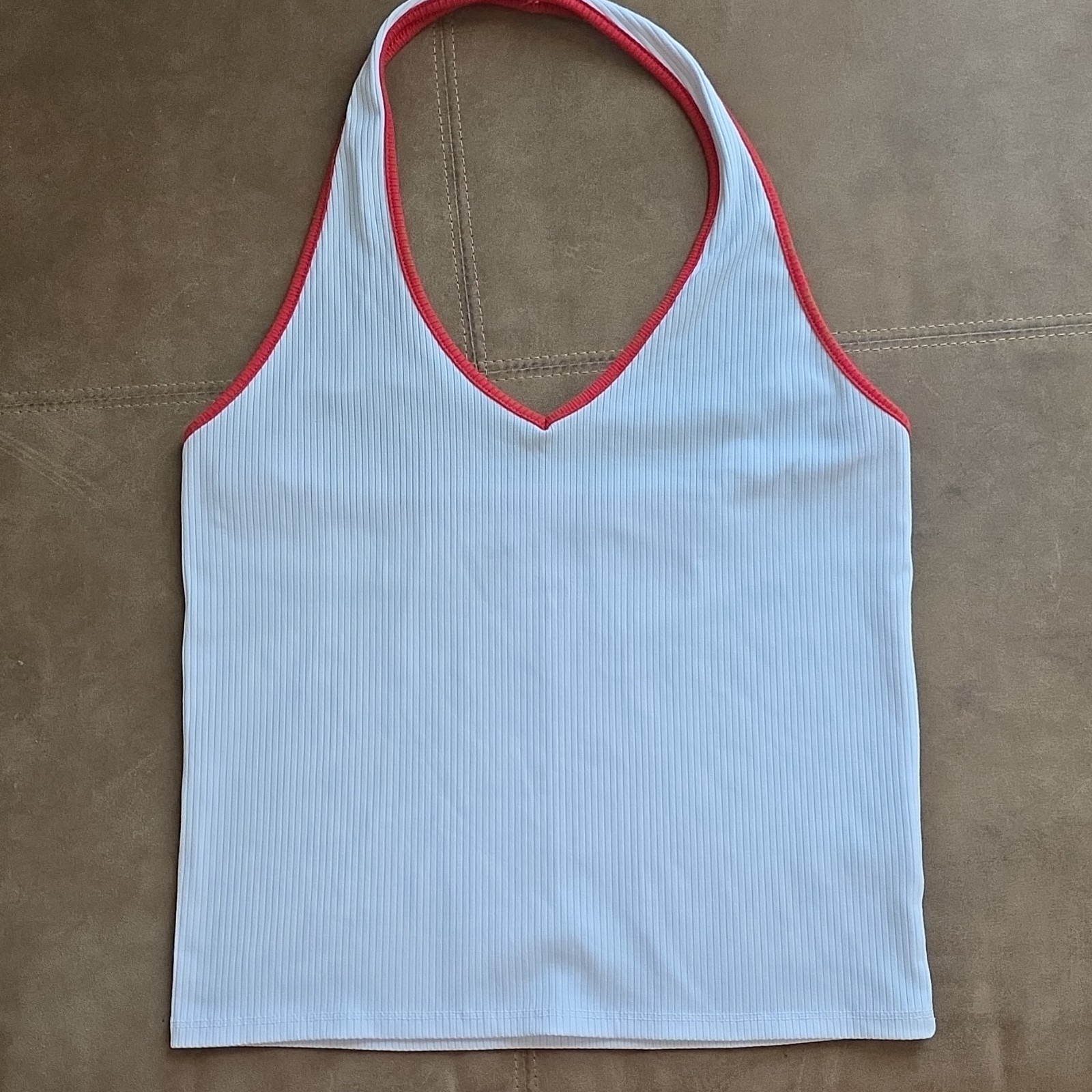 American Eagle White/Red Ribbed Knit Halter V-Neck Stretch Tank Top M