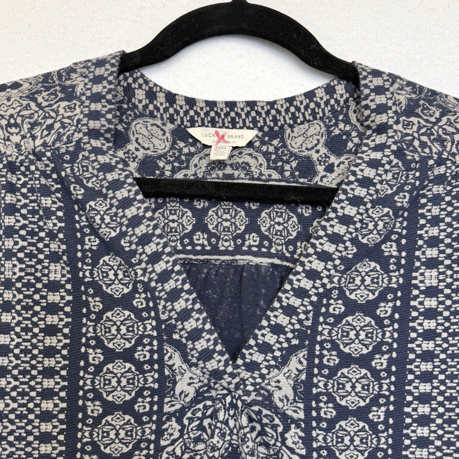 Lucky Brand Size M Navy Boho Print High Low Tunic Top Cotton Viscose Linen Blend