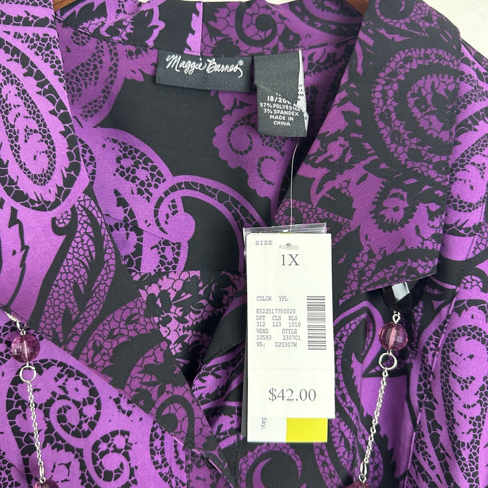Maggie Barnes Womens Button Up Shirt 1X 18-20W Purple Black Paisley Beaded NWT