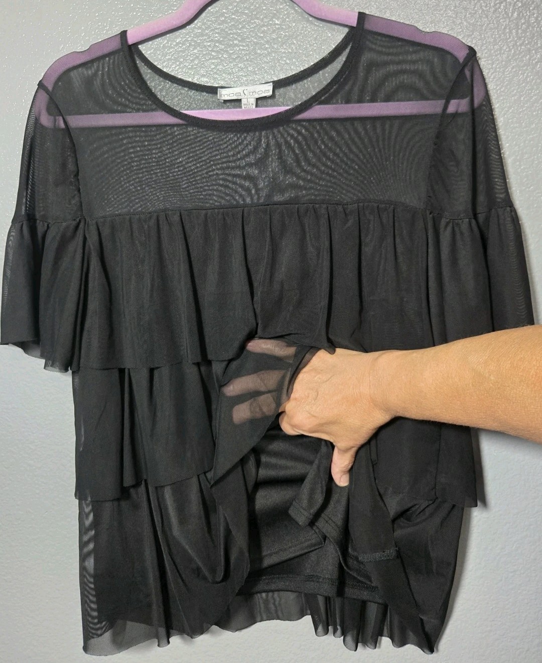 Sheer L Black Tiered Ruffle Top Flowy Lined Sheer Cape Sleeve