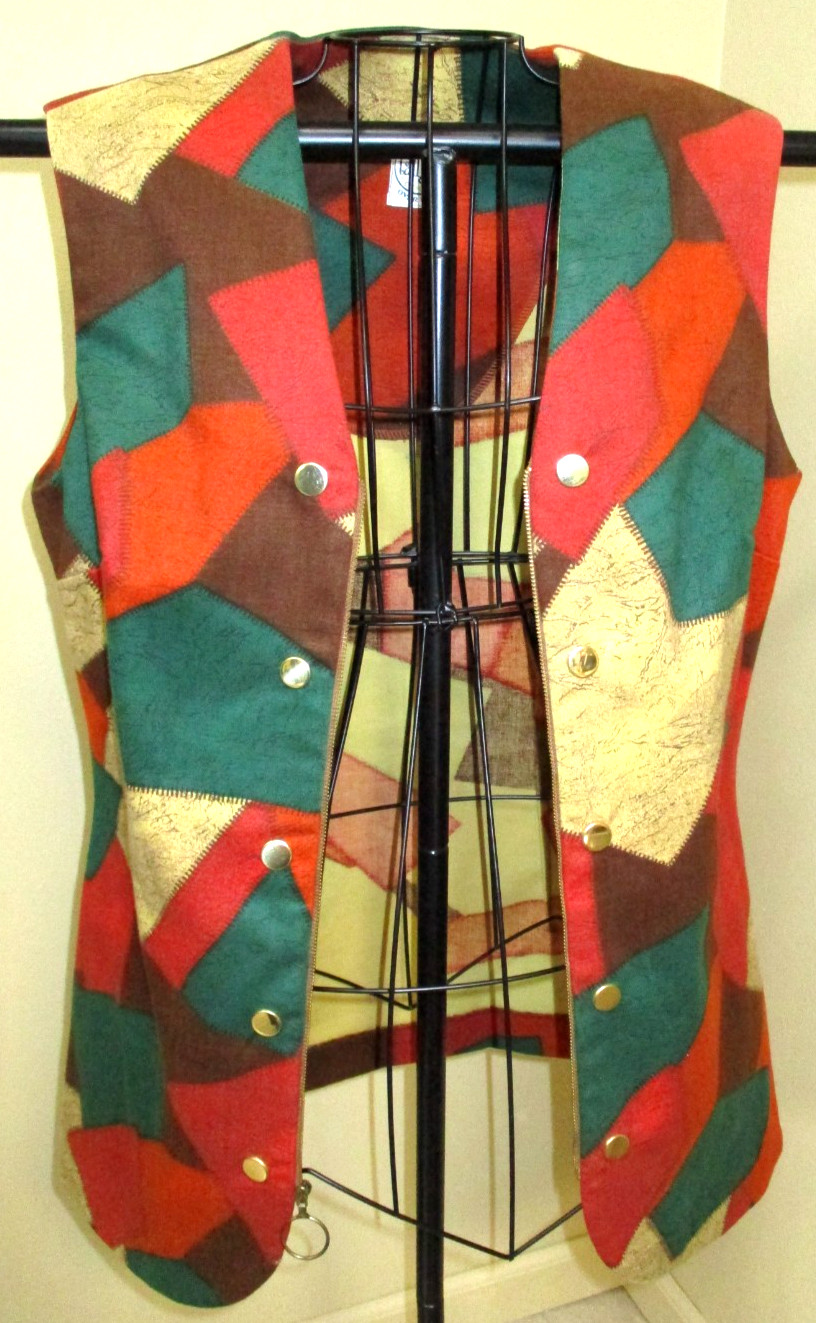 Vintage 80s SHELLY’S Tall Girl Patchwork Gold Zippered Vest Women’s Size 16 EUC
