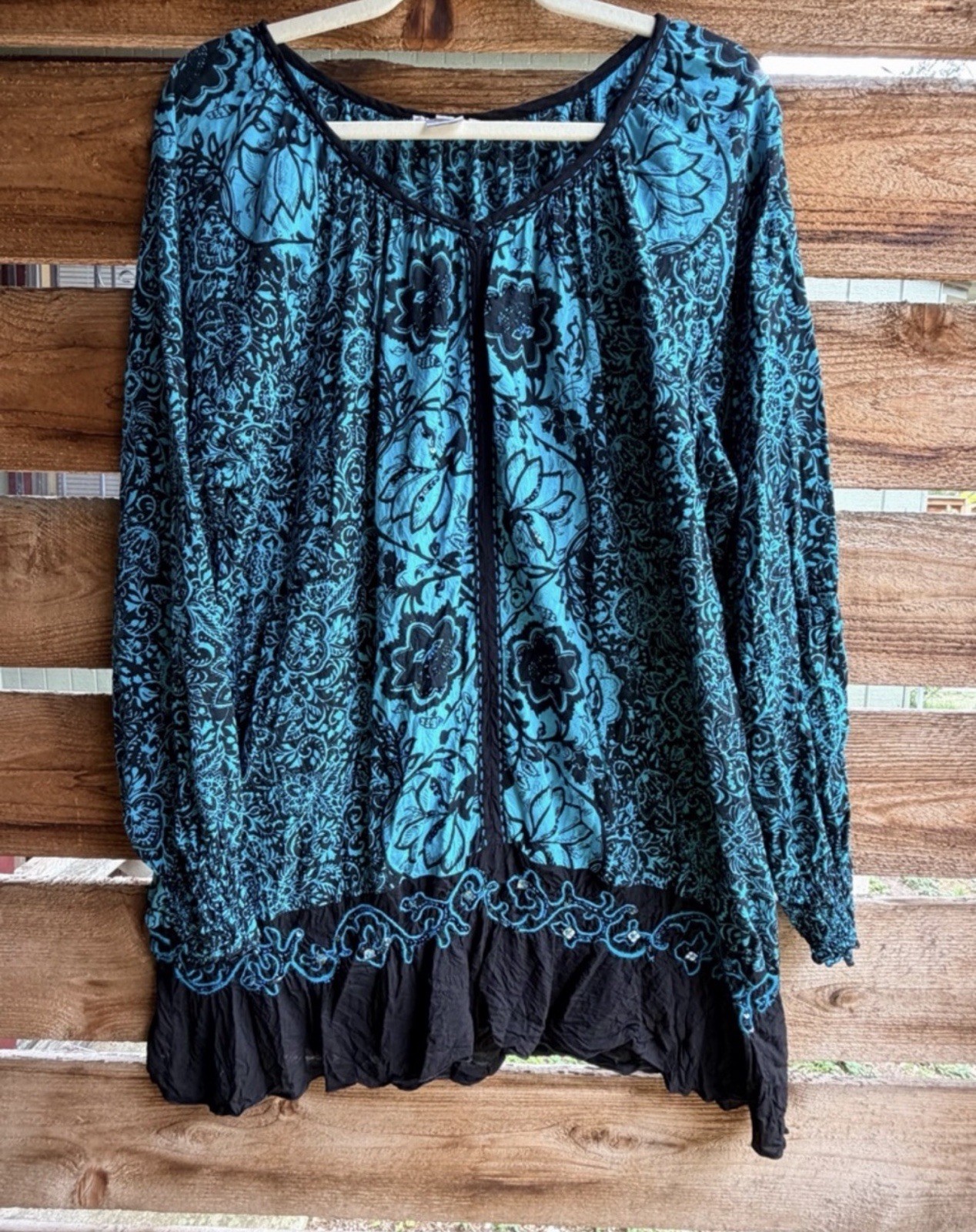 Krista Lee Teal and Black Floral Blouse XL Bohemian Flowy Lightweight
