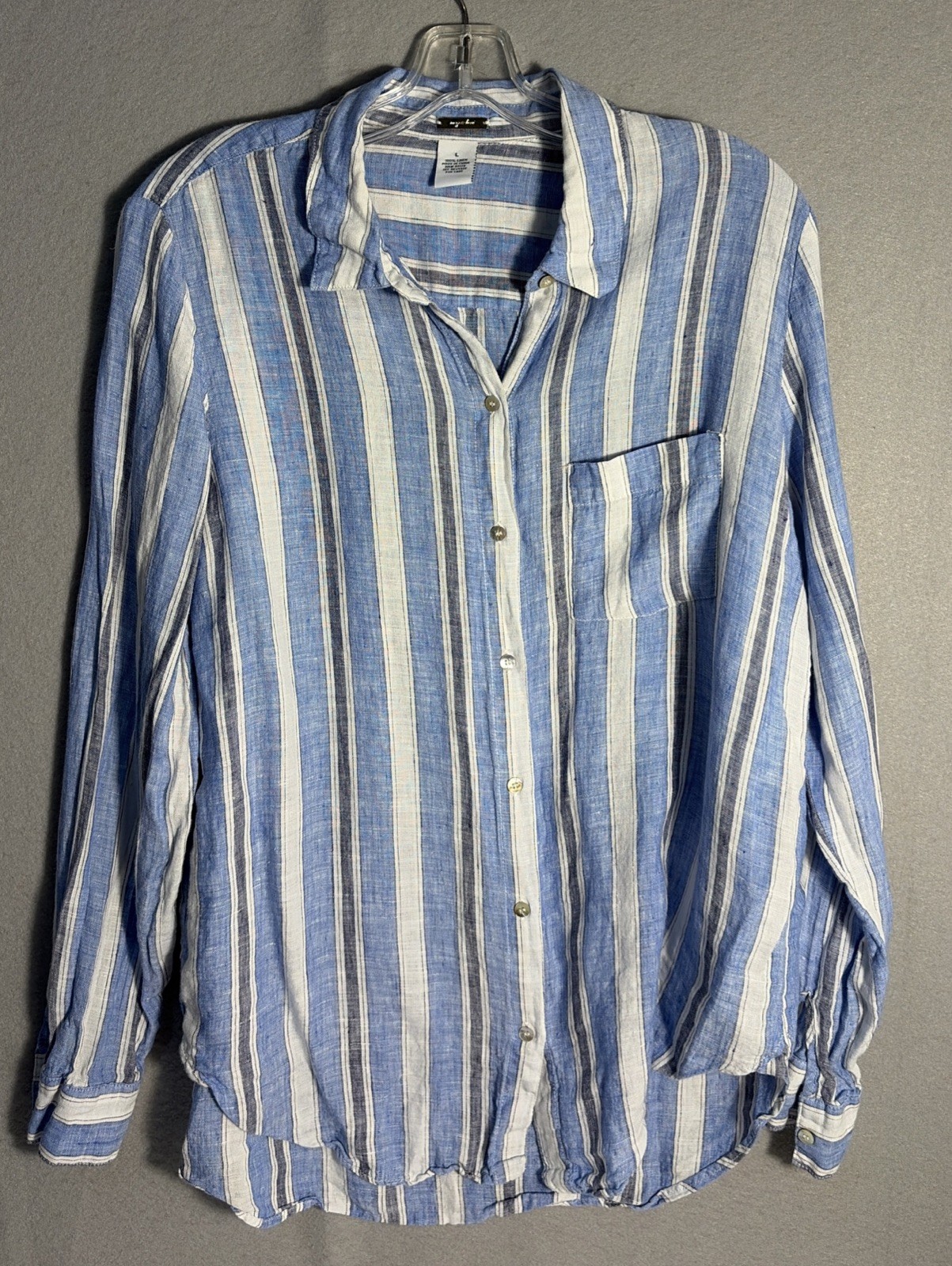 100% Linen Button Front Shirt Women’s Size L Blue White Stripe Preppy Coastal