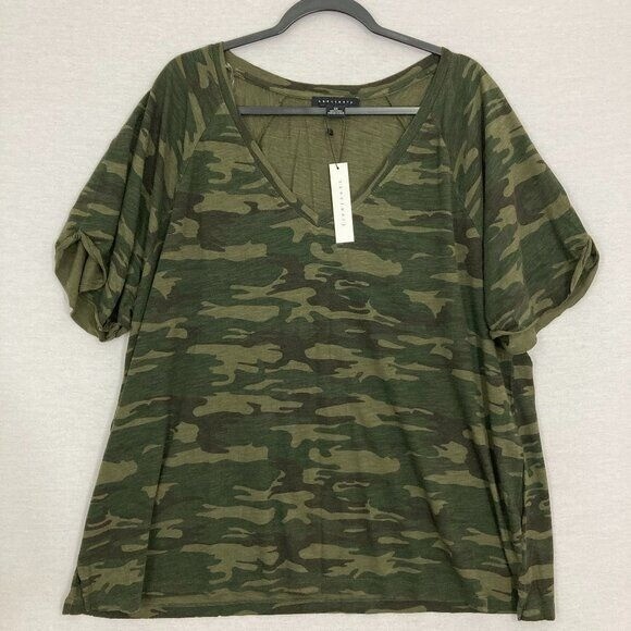 New Sanctuary Green Camo V Neck Soft Stretch Casual Travel Top 2X