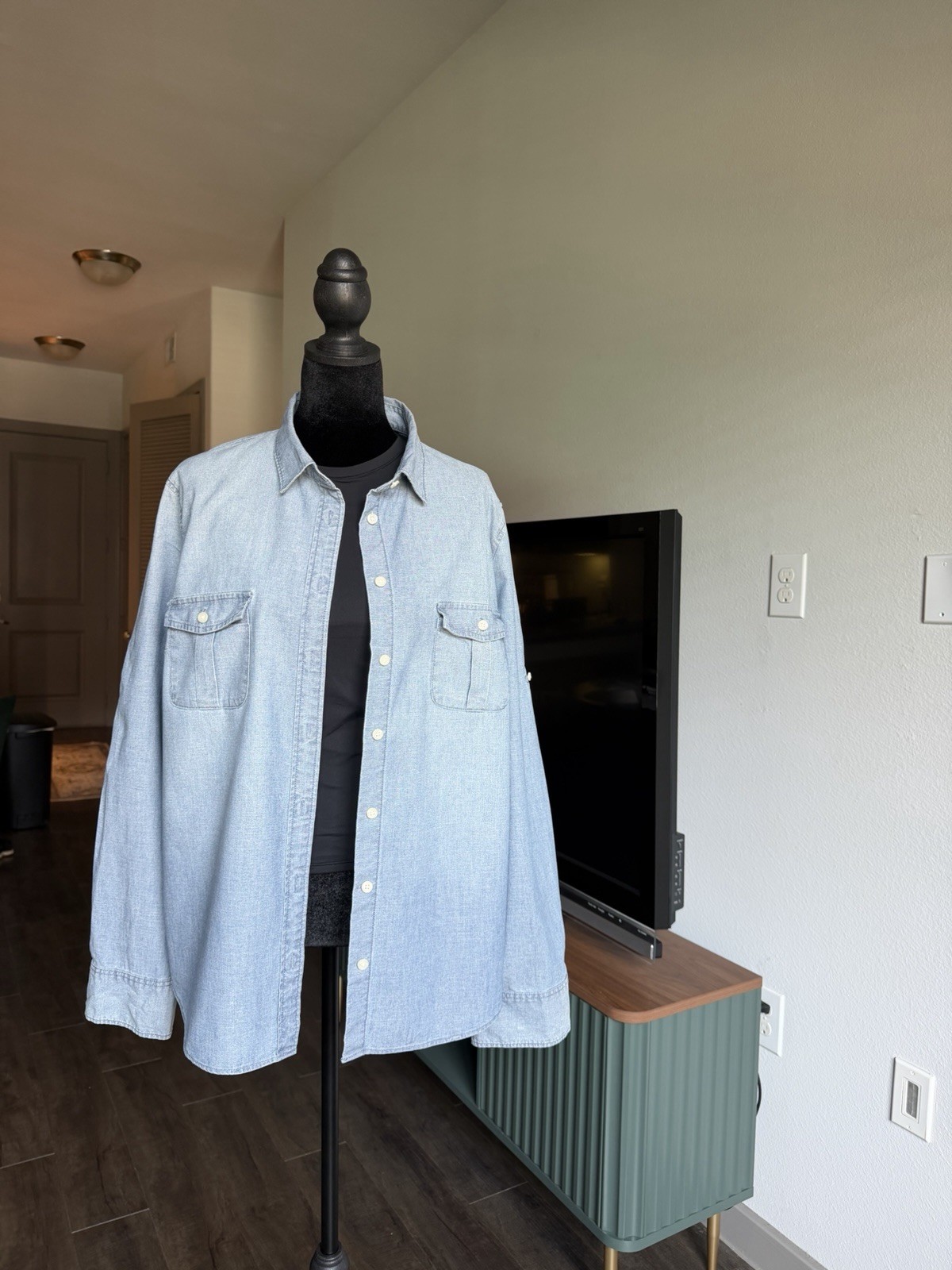 Blue Solid Denim/Chambray Cotton Long Sleeve Button-Up Shirt XL Point Collar
