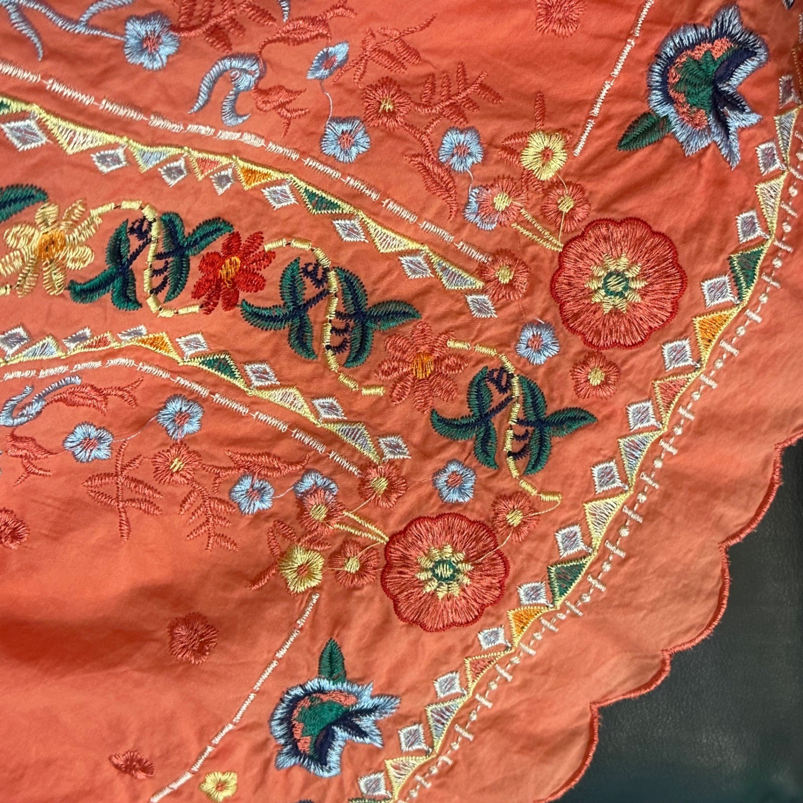 Misslook Orange Embroidered Boho Floral Tunic Top Short Sleeve Cotton Blend Sz L