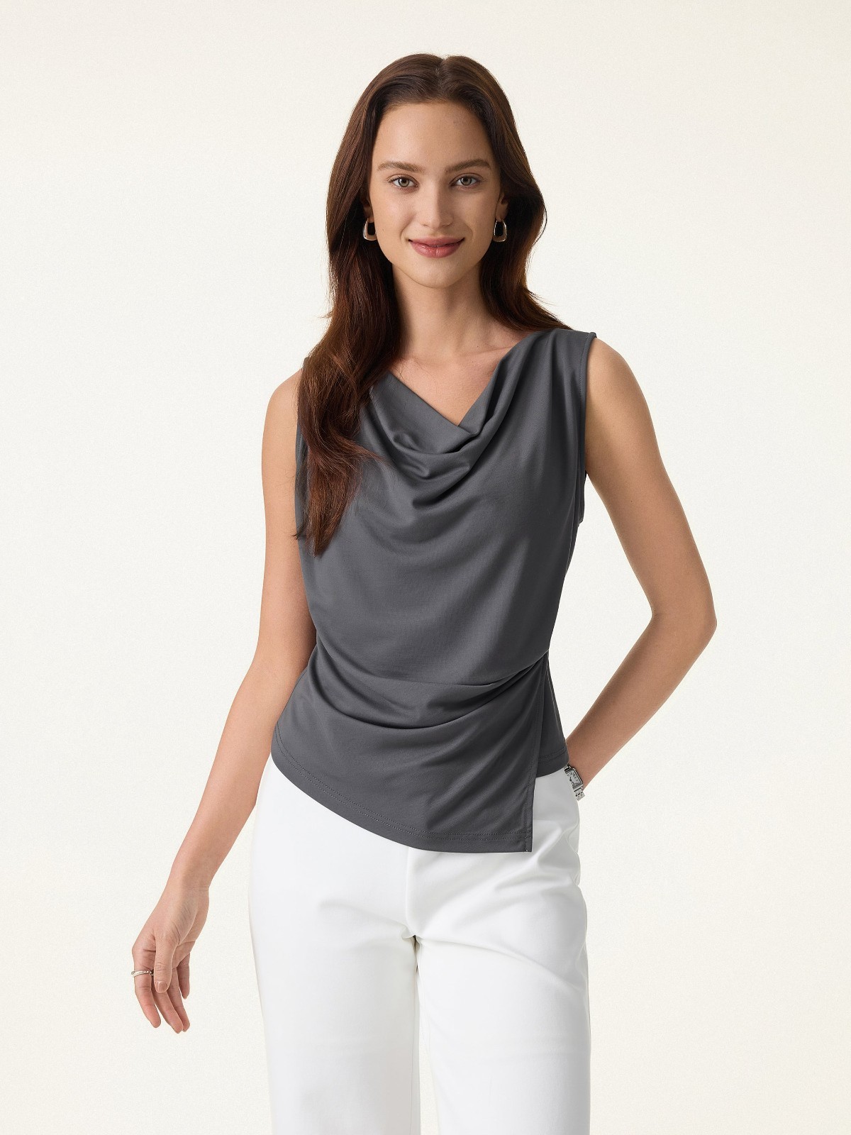 Women’s Cowl Neck Asymmetrical Sleeveless Tucked Top, Battleship Grey
