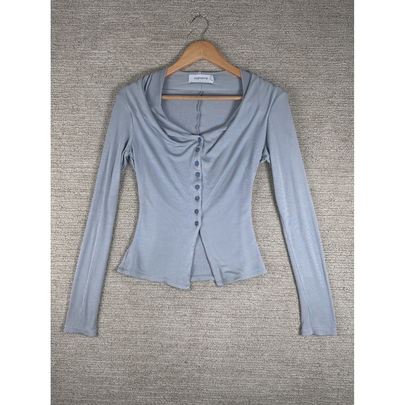 Cognome Ribbed Knit Long Sleeve Draped Cowl Neck Button Front Top Blue Small