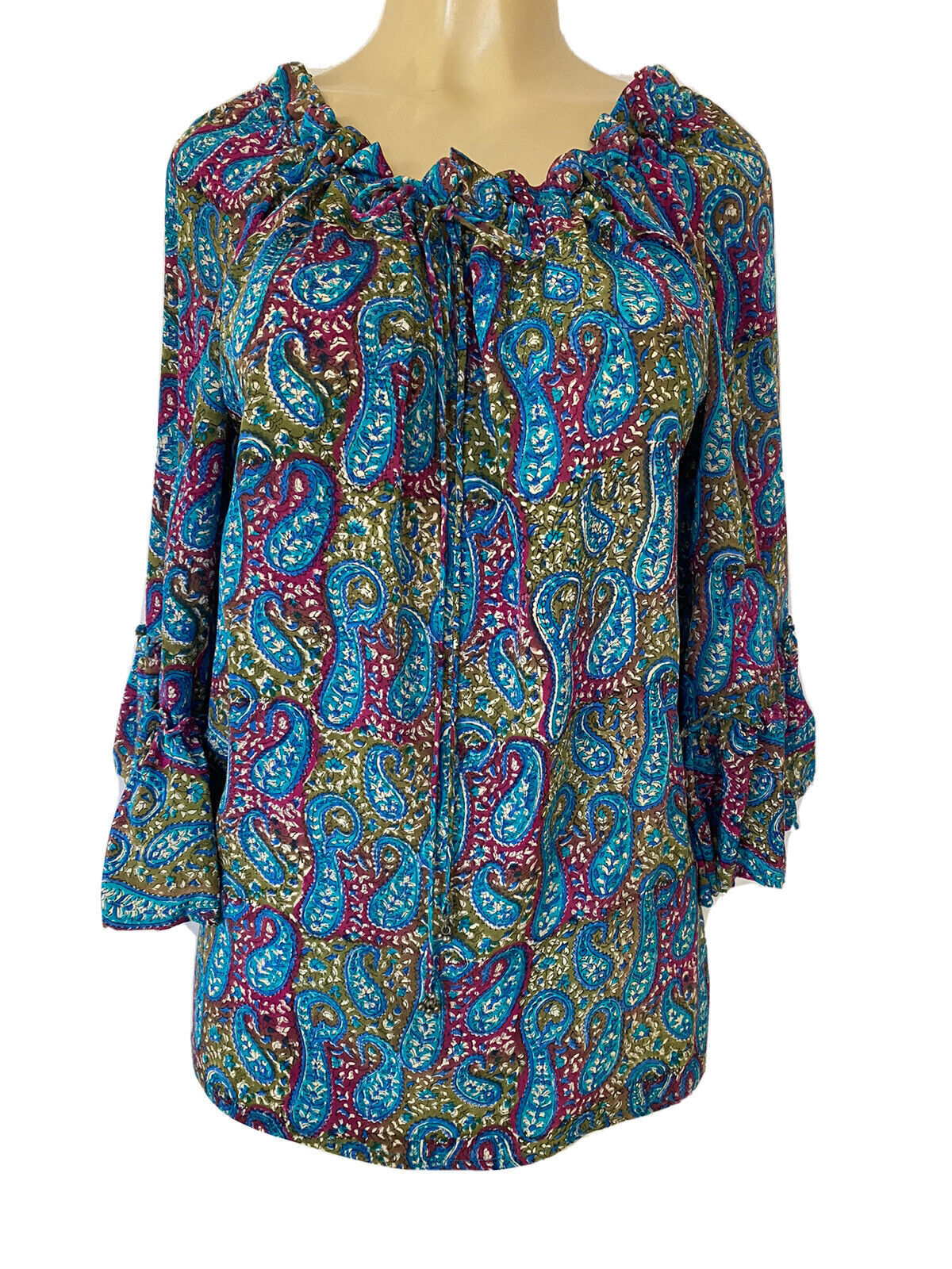 Tolani 3/4 Sleeve Tunic Blouse Top Silk Paisley Blue Red Green Ruffled Neck L