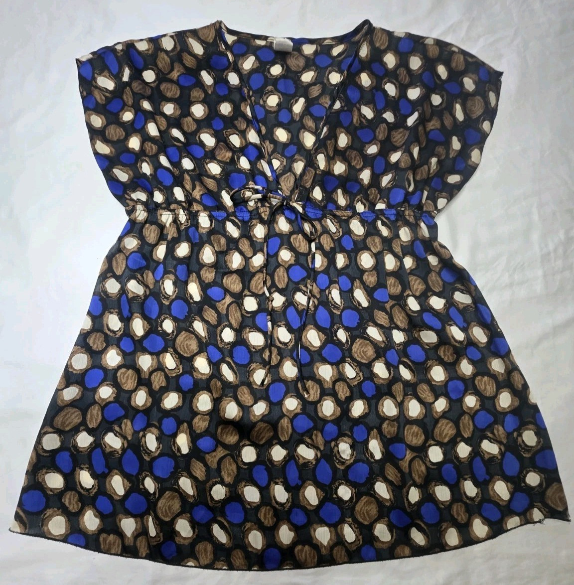 Vintage FAMOSA Womens Medium Blue Brown Polka Dot Geometric Cinch Waist Top Y2K