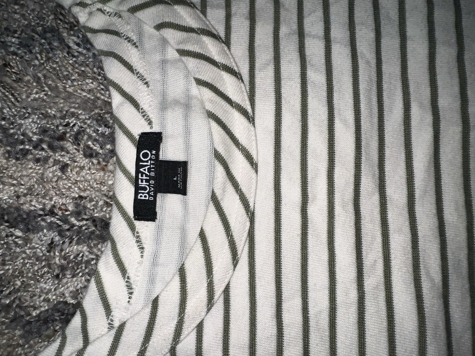 Buffalo David Bitton Womens L White/Green Striped Round Neck Ruffle T-Shirt