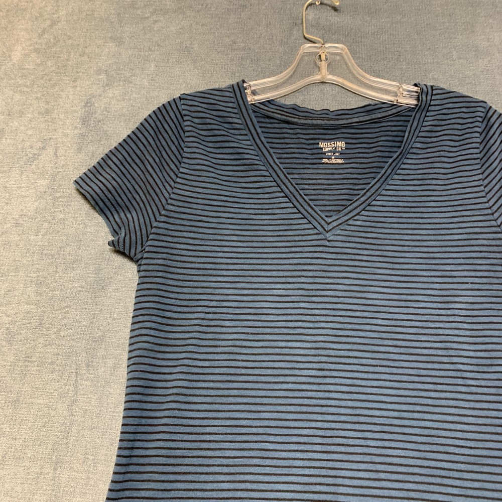 Mossimo Supply Co Top Womens Medium Blue Black Striped Cotton V-Neck Cap Sleeve