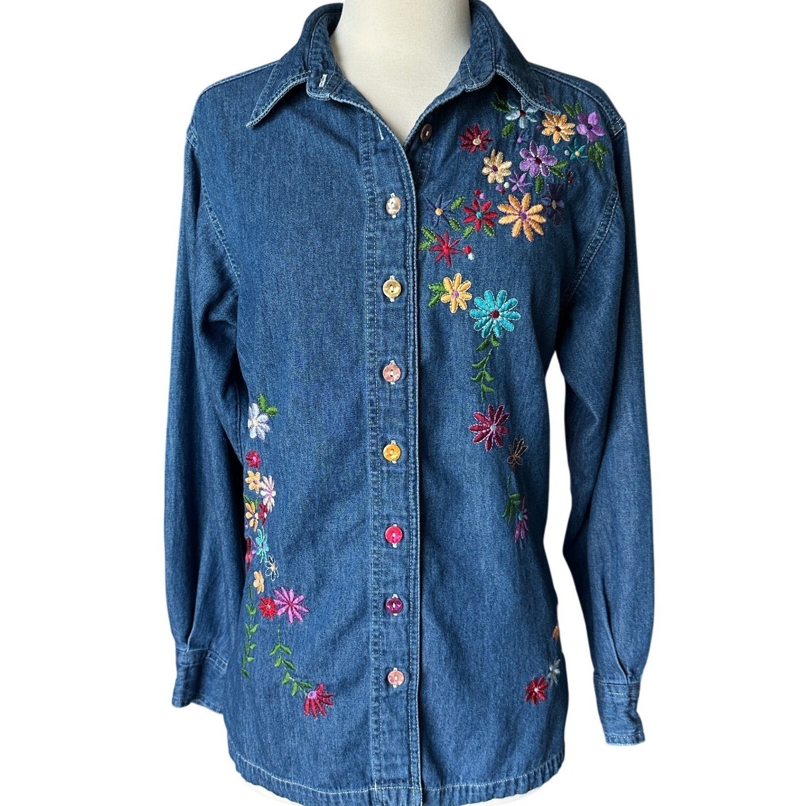 VTG Floral Embroidered Denim Button Down Shirt M Boho Cottagecore Coloful Fun