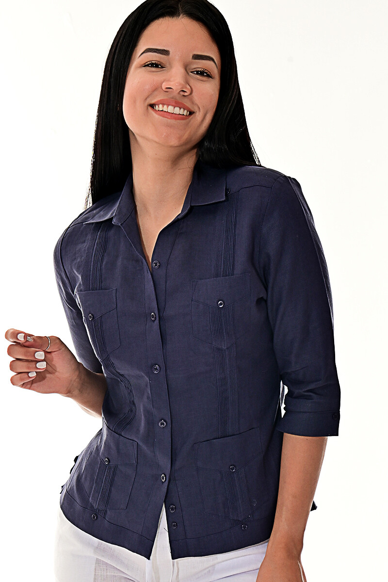Ladies NAVY 100% Linen Guayabera Traditional (4) Pocket 3/4 Sleeve Top -LLGB3009
