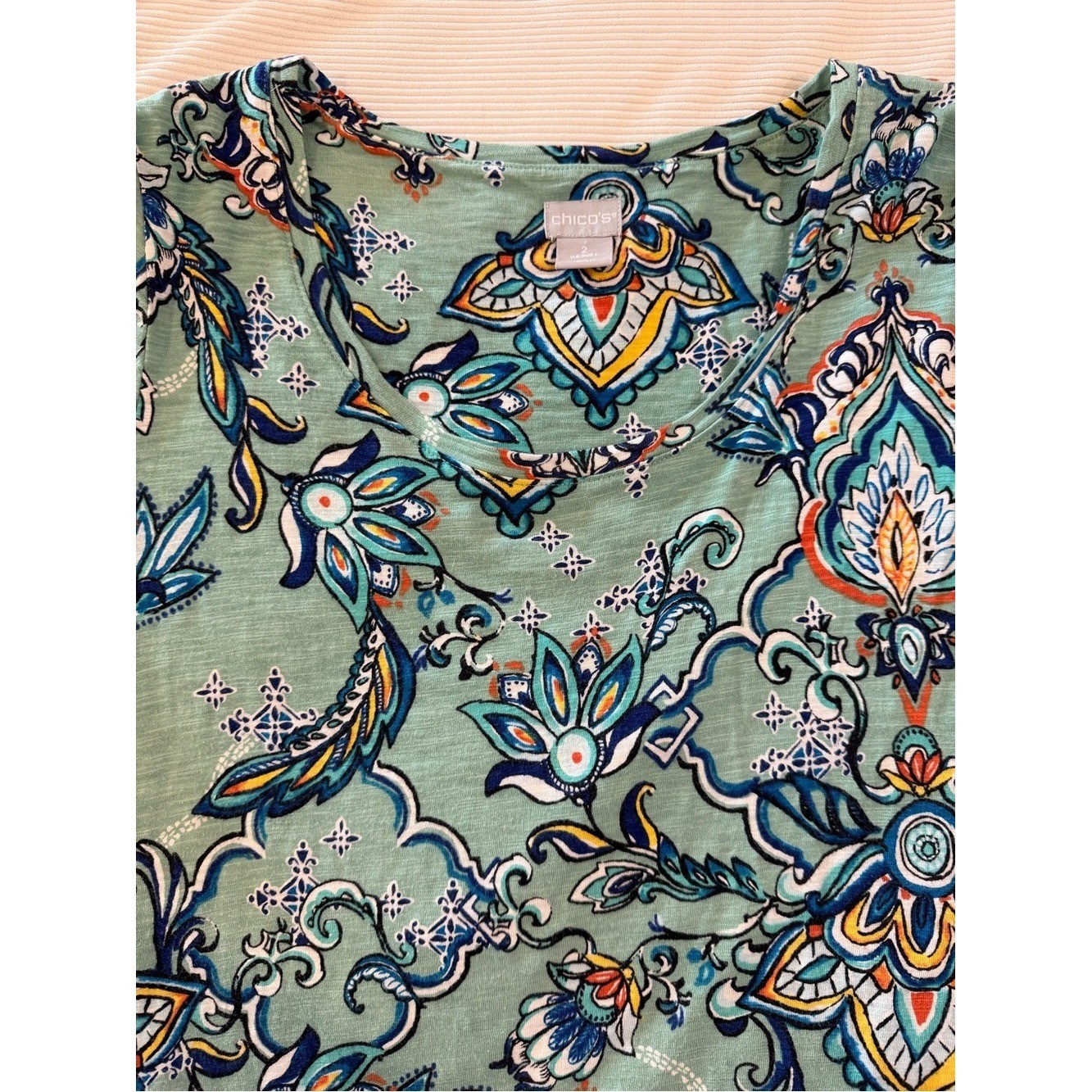 Chico’s Women’s Size 2 (Large) Mint Green Paisley Tunic 3/4 Sleeve Cotton Modal