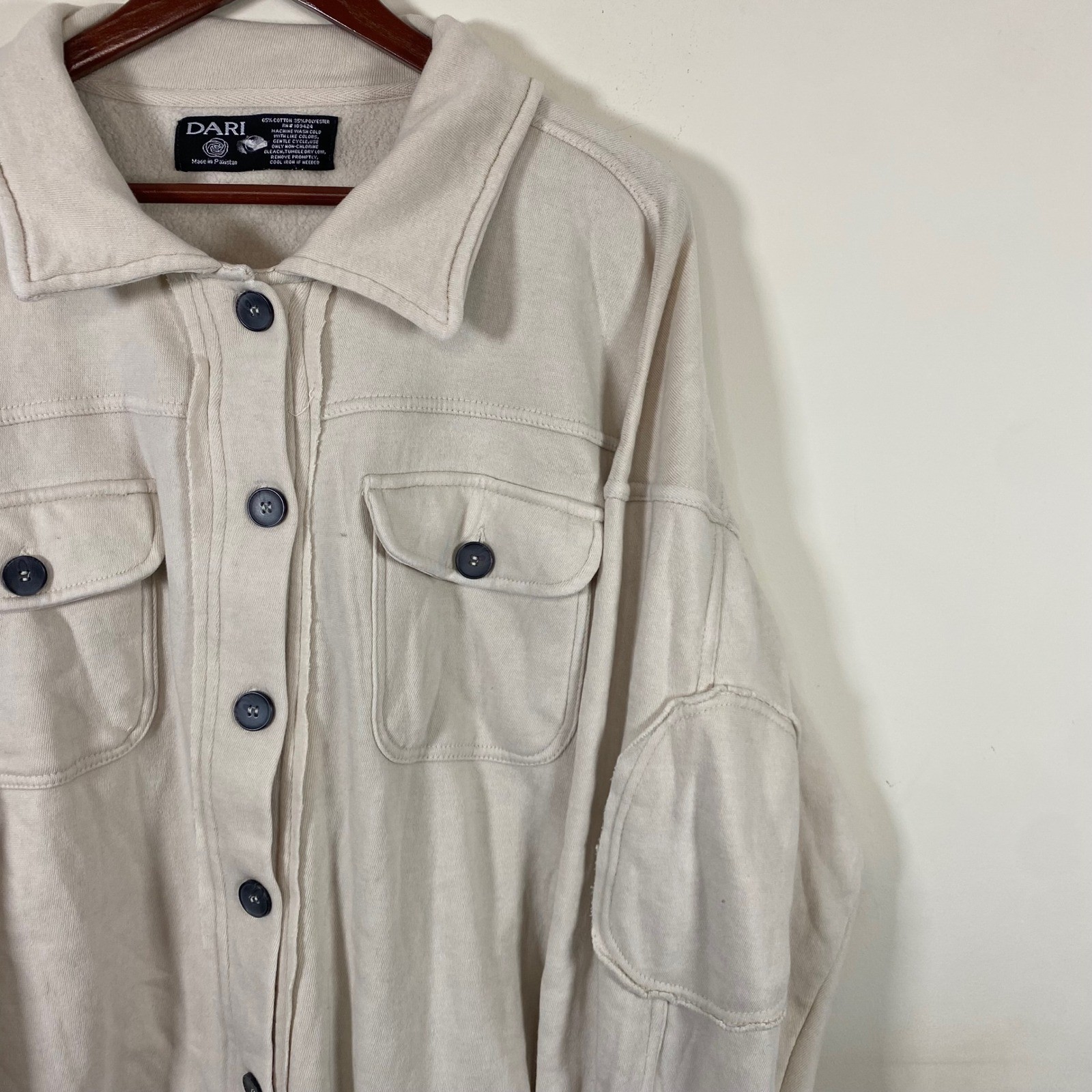 Lightweight Jacket Womens Beige Cream Button Down Shacket Long Sleeve Patchwork