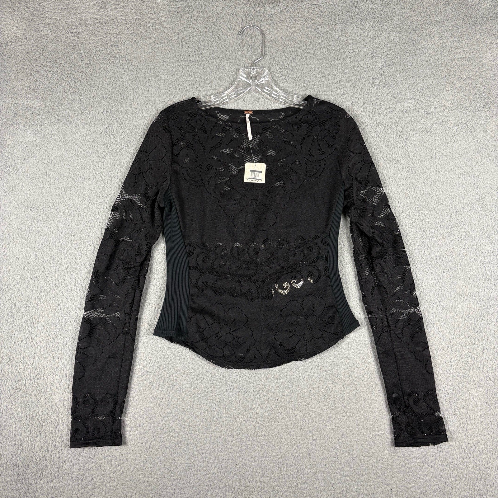 Free People Wild Roses Mesh Top Women’s Small Black Hook & Eye Cuff Lace READ