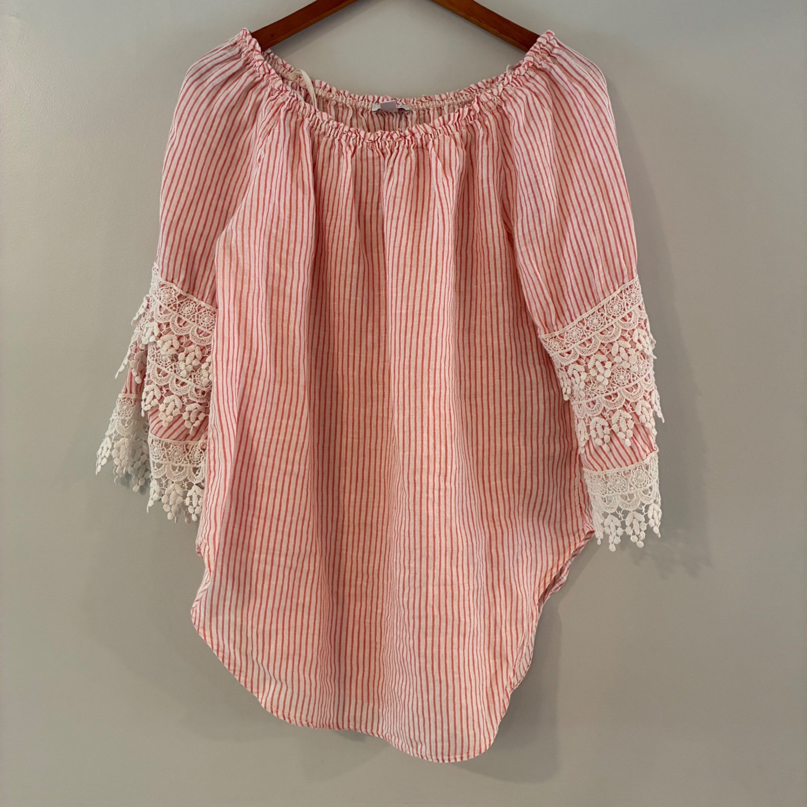 Saks Fifth Ave Top S Stripe Linen Off Shoulder Lace Boho Romantic Italy Cottage