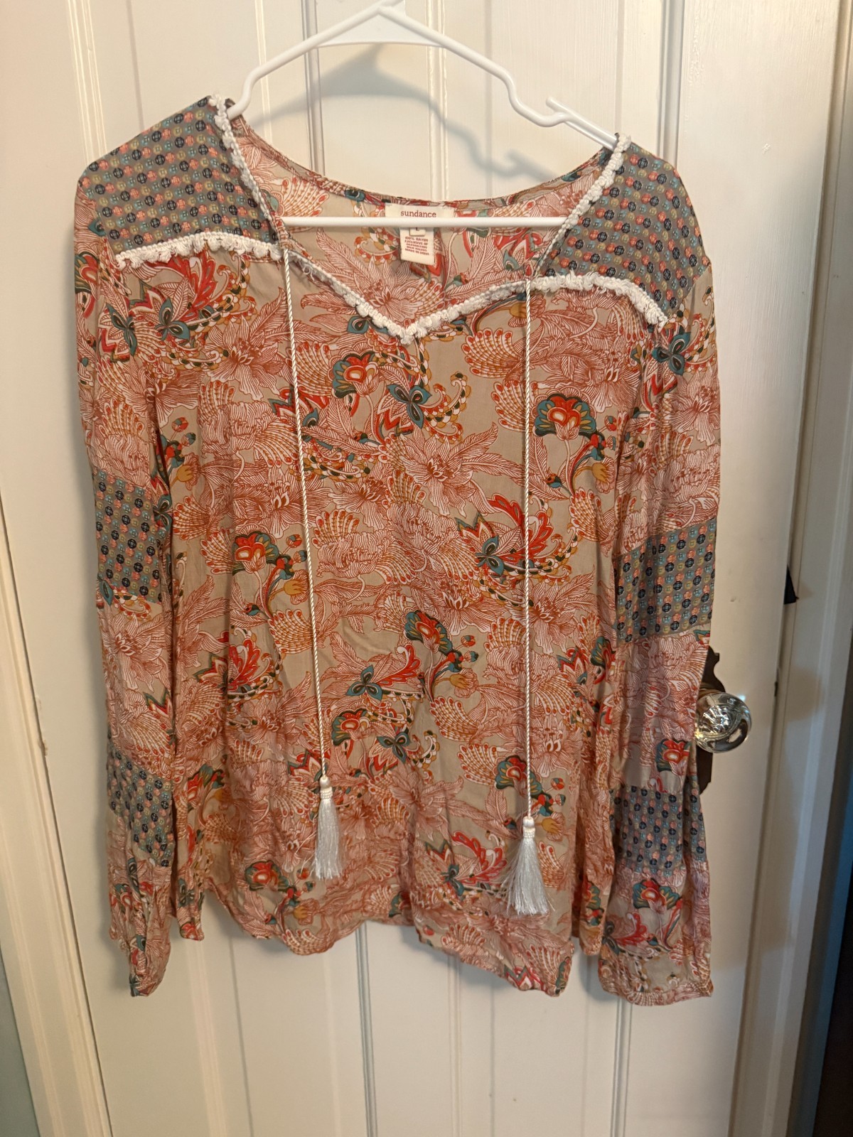 Sundance Floral Peasant Blouse Large | Boho Paisley V-Neck Tassel Rayon Top