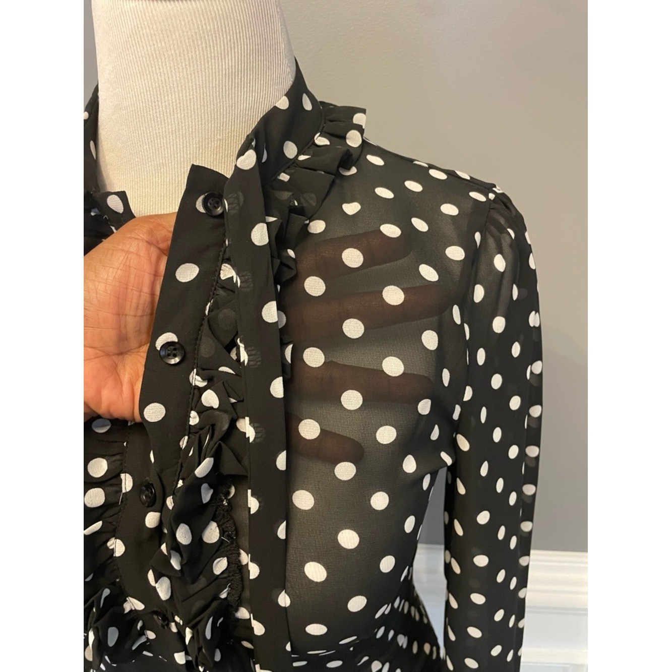 Fashion Nova Black and White Polka Dot Ruffle Tie-Neck Blouse