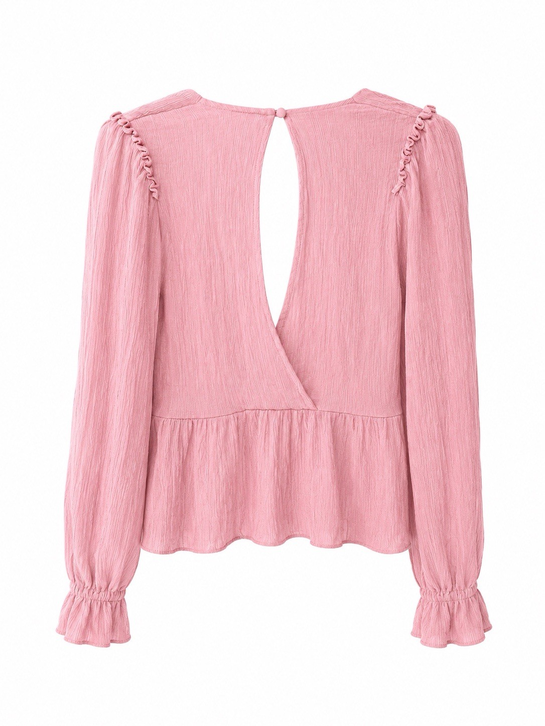 Free People Pink Ribbed Ruffle V-Neck Long Sleeve Button Blouse XS