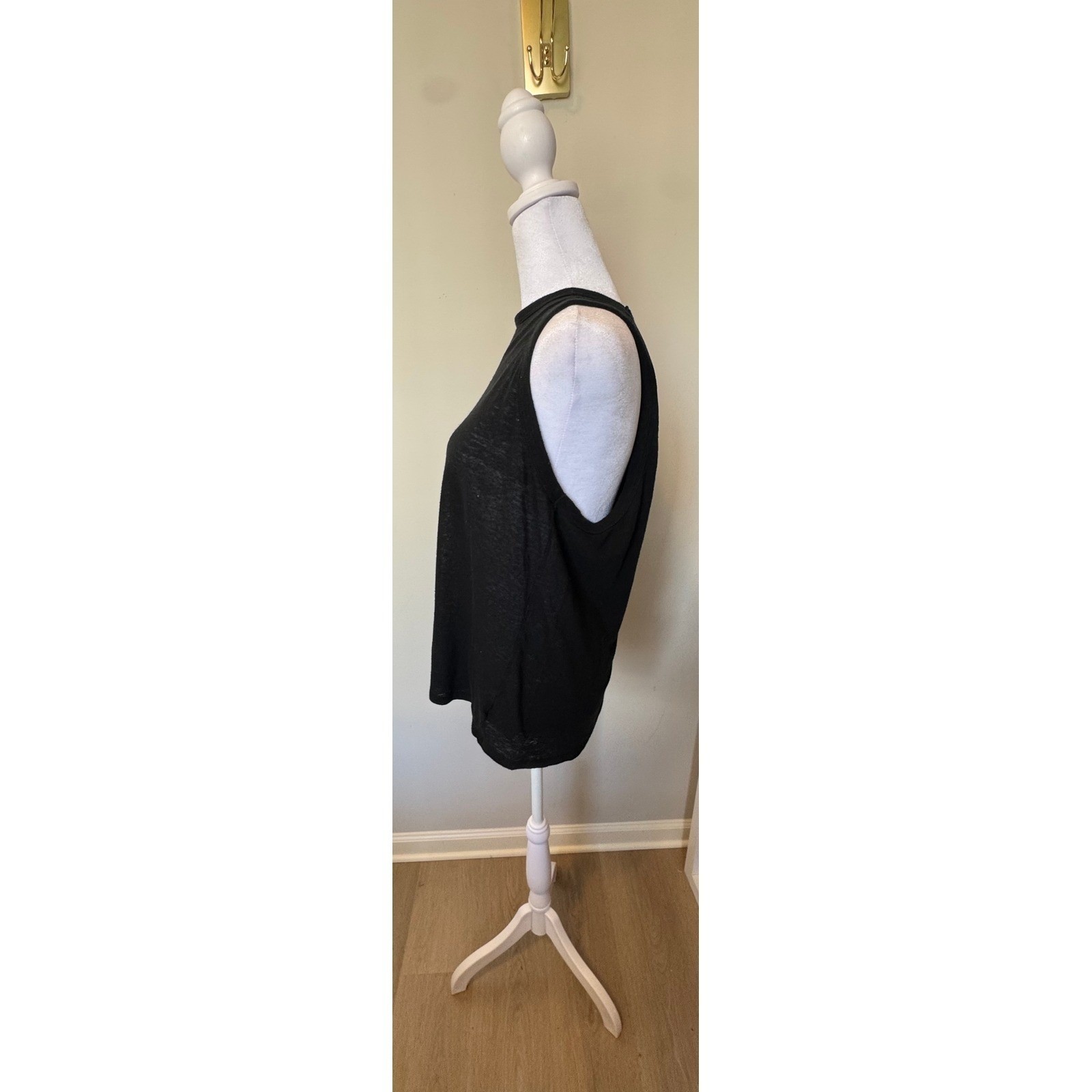 Black Linen Blend Slub Knit Tank Top Sleeveless Crew Neck Layering Basic