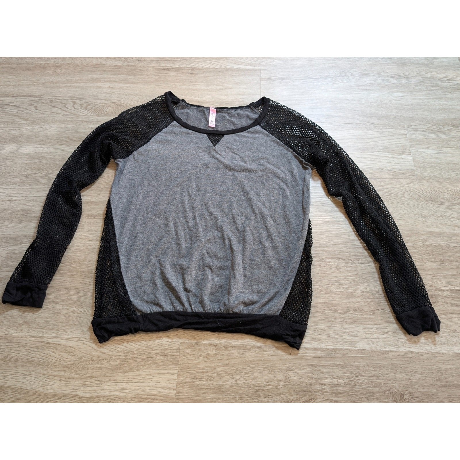 Retro Doll Womens Medium Y2K Heather Gray Black Mesh Raglan Long Sleeve Top
