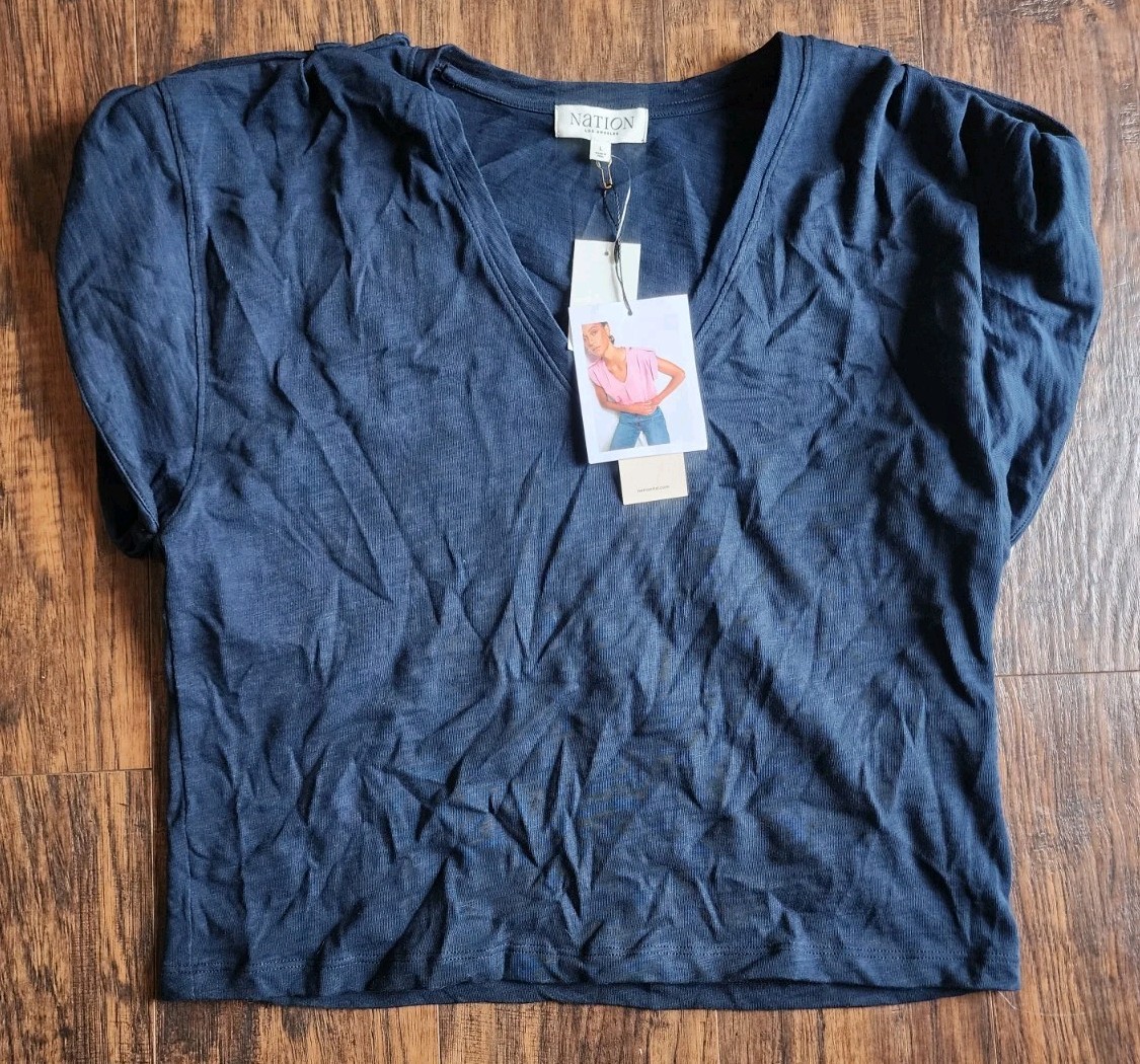 NATION LOS ANGELES Cooper Tee T Shirt 100% Cotton Slub NWT V-Neck Night Sky, L