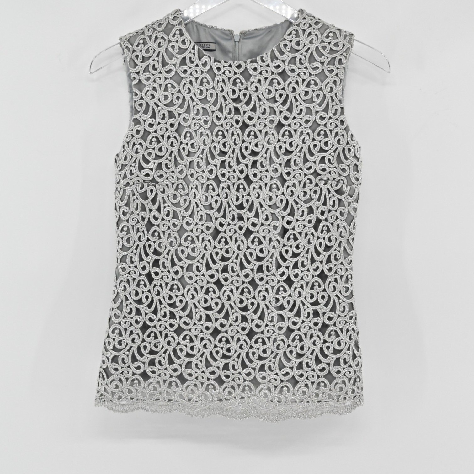 Vtg ANNE KLEIN Lace Top Womens Size 2 Silver Sleeveless Romantic Glamorous Luxe