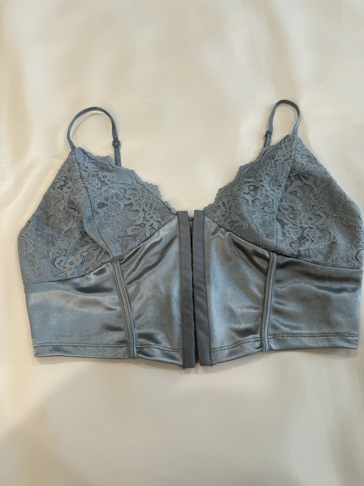 Hesperus Corset Bustier Crop Top Sz M Blue Satin Lace Sexy Club Bralette a